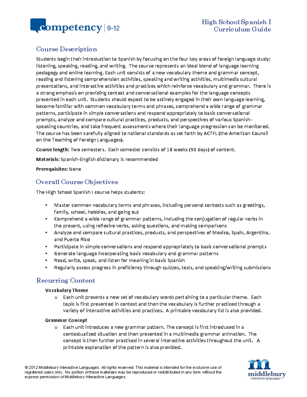 Spanish I Curriculum Guide: High School Year 1 - Texas Alignment - Studocu