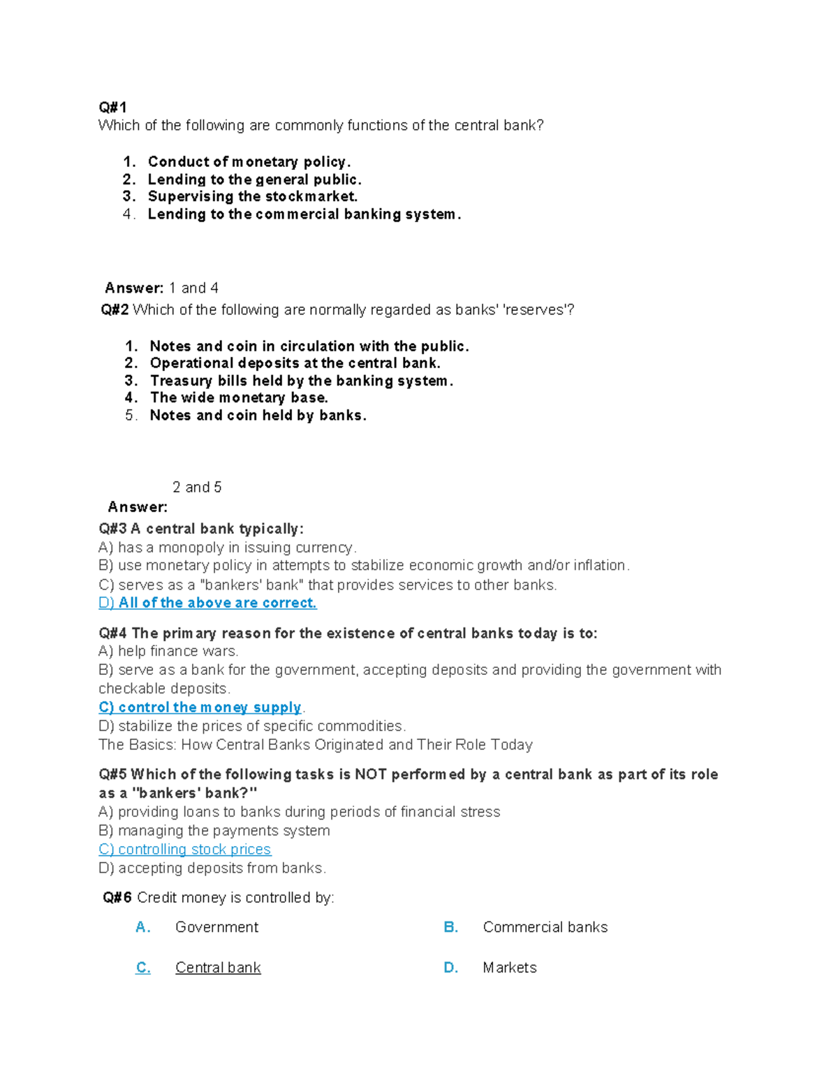 MCQ on Commercial Knowledge (KN) - Central Bank Functions and Business ...