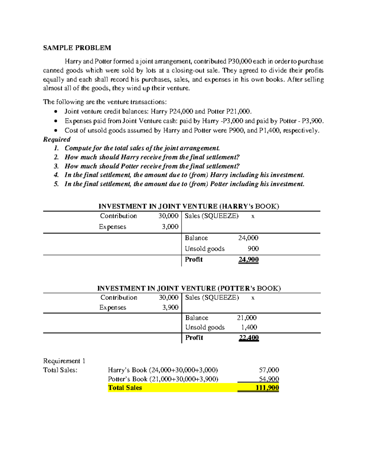 JA- Joint Venture Accounting Sample Problem - 2022 - Studocu