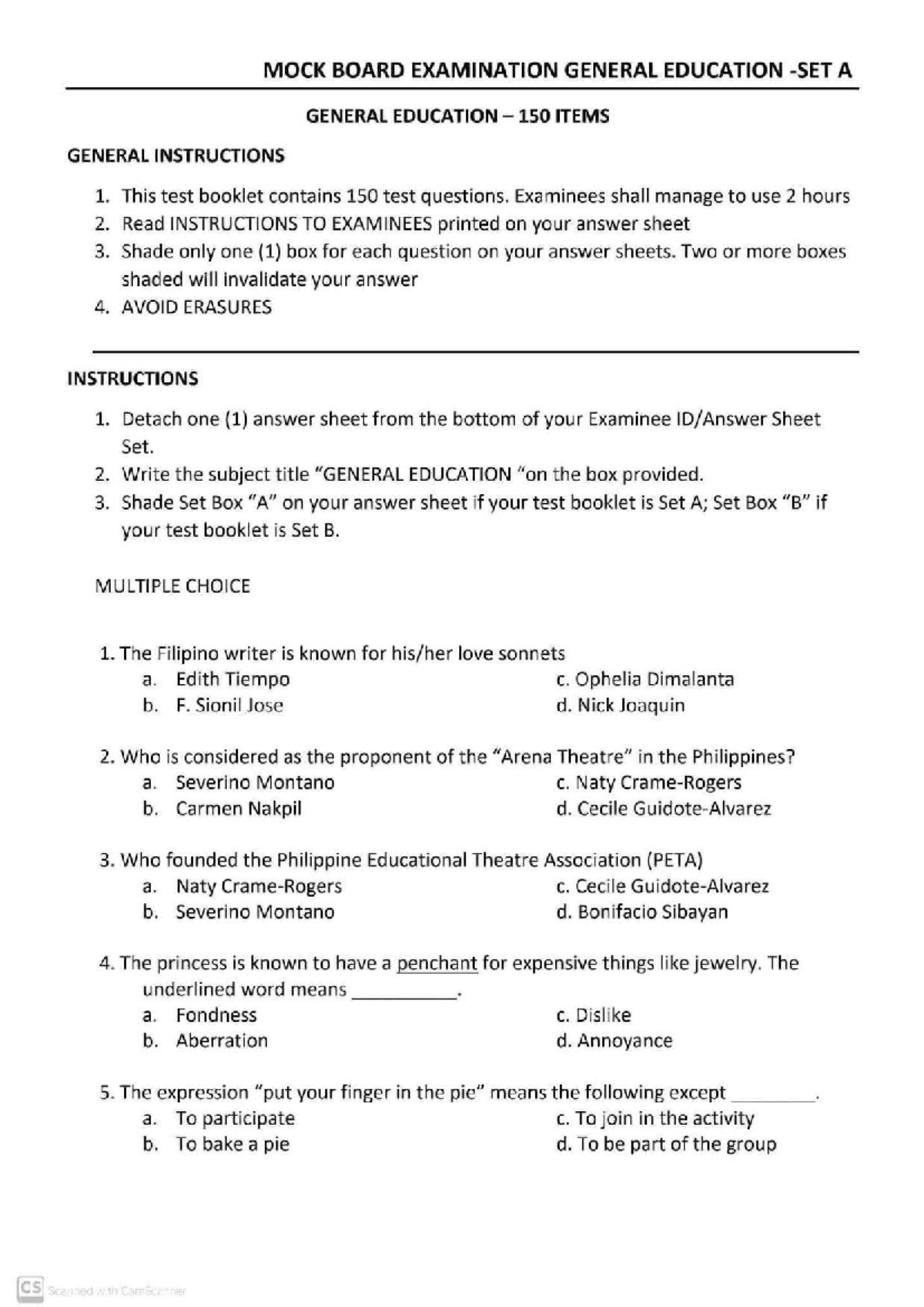 Mock Board Exam Practice for General Education (LET) - Studocu