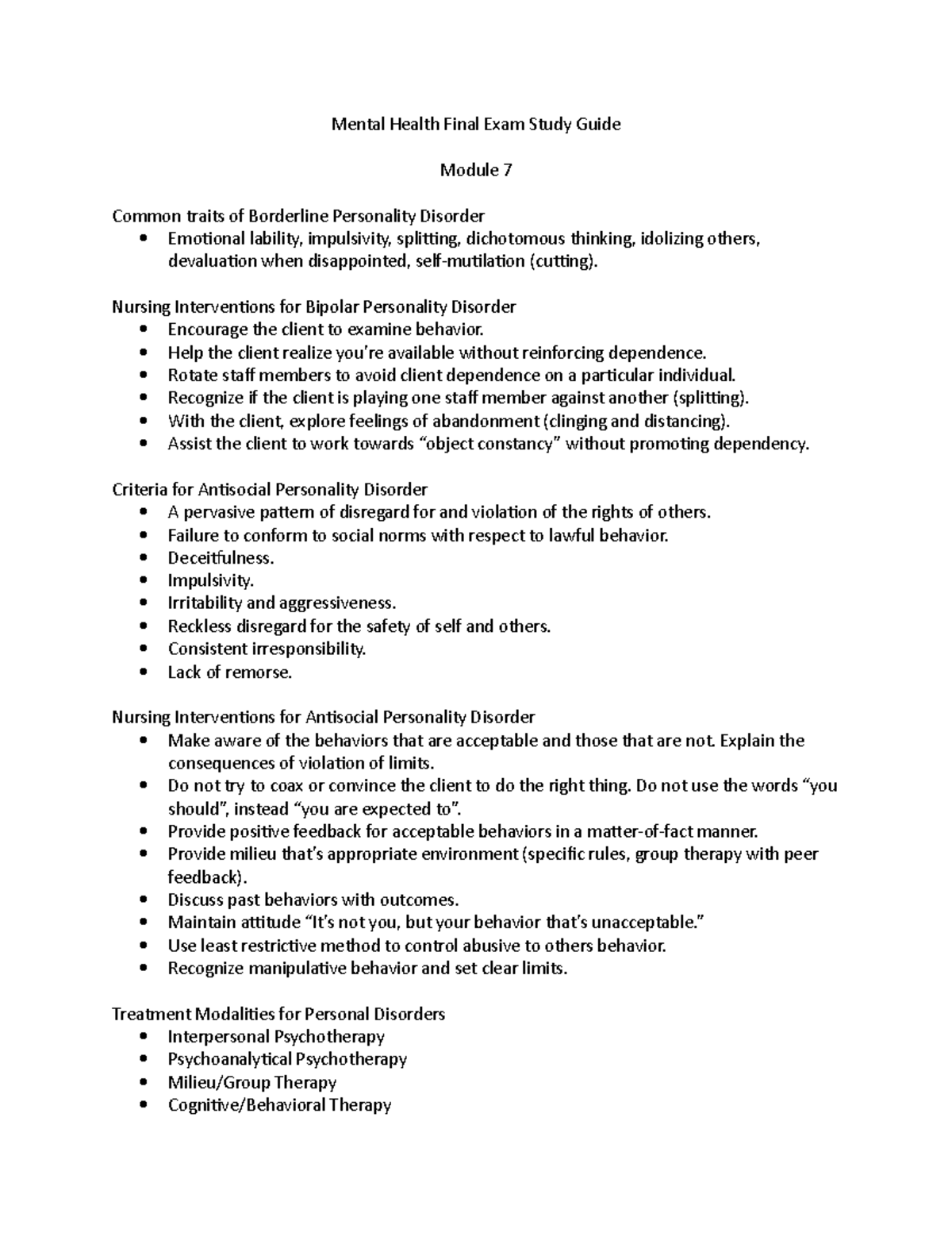 Mental Health Final Exam Study Guide 2 - Nursing Interventions for ...