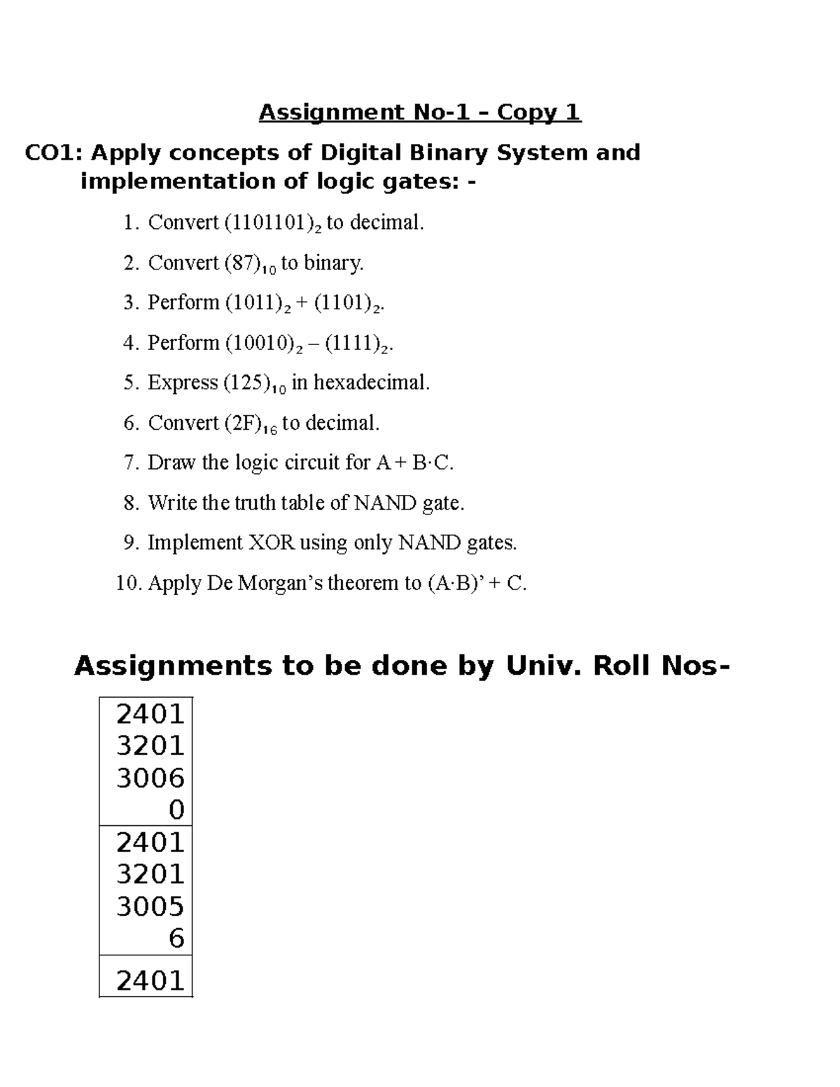 Assignment No-1 CO1: Digital Binary System & Logic Gates Tasks - Studocu