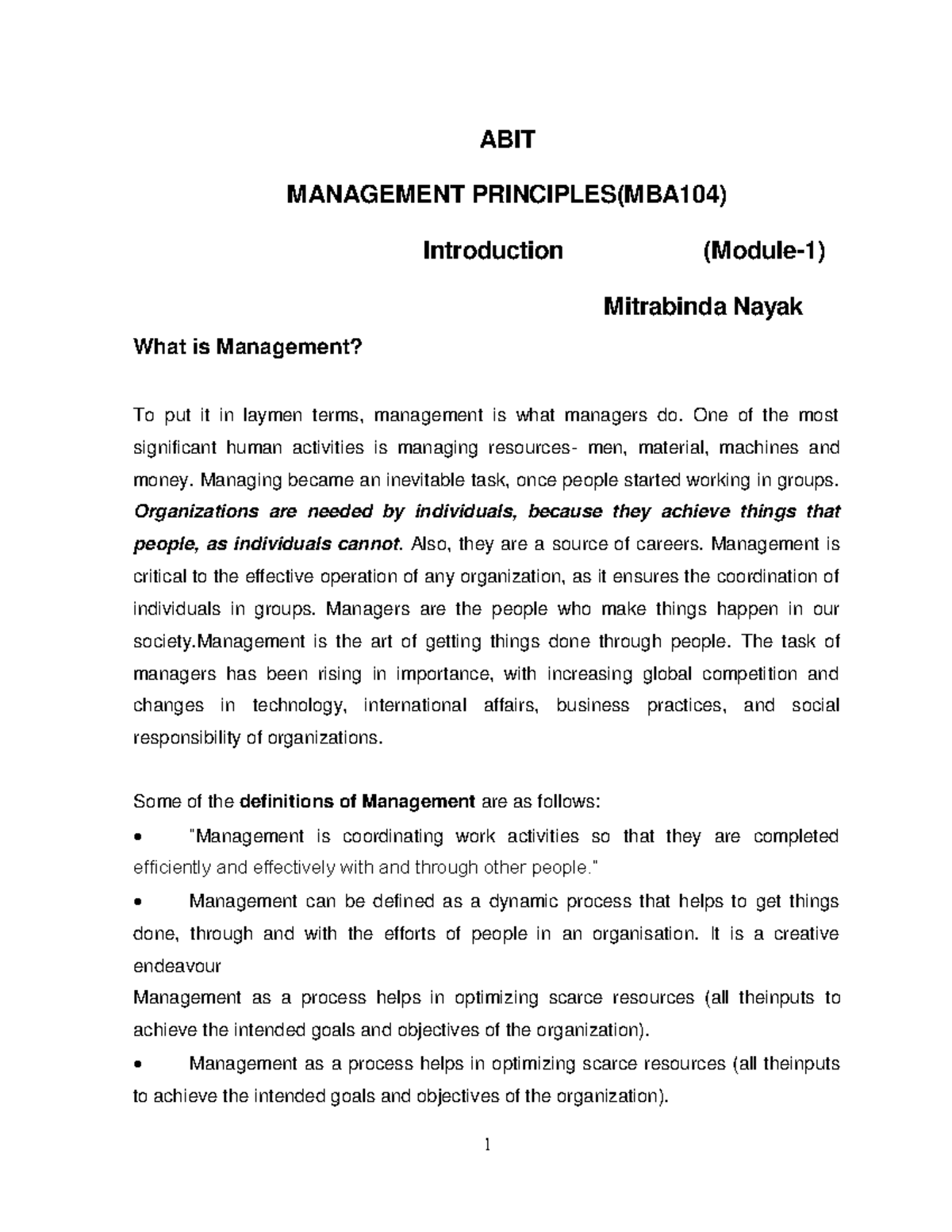 1st-sem-MP MANAGEMENT PRINCIPLES - ABIT MANAGEMENT PRINCIPLES(MBA104 ...