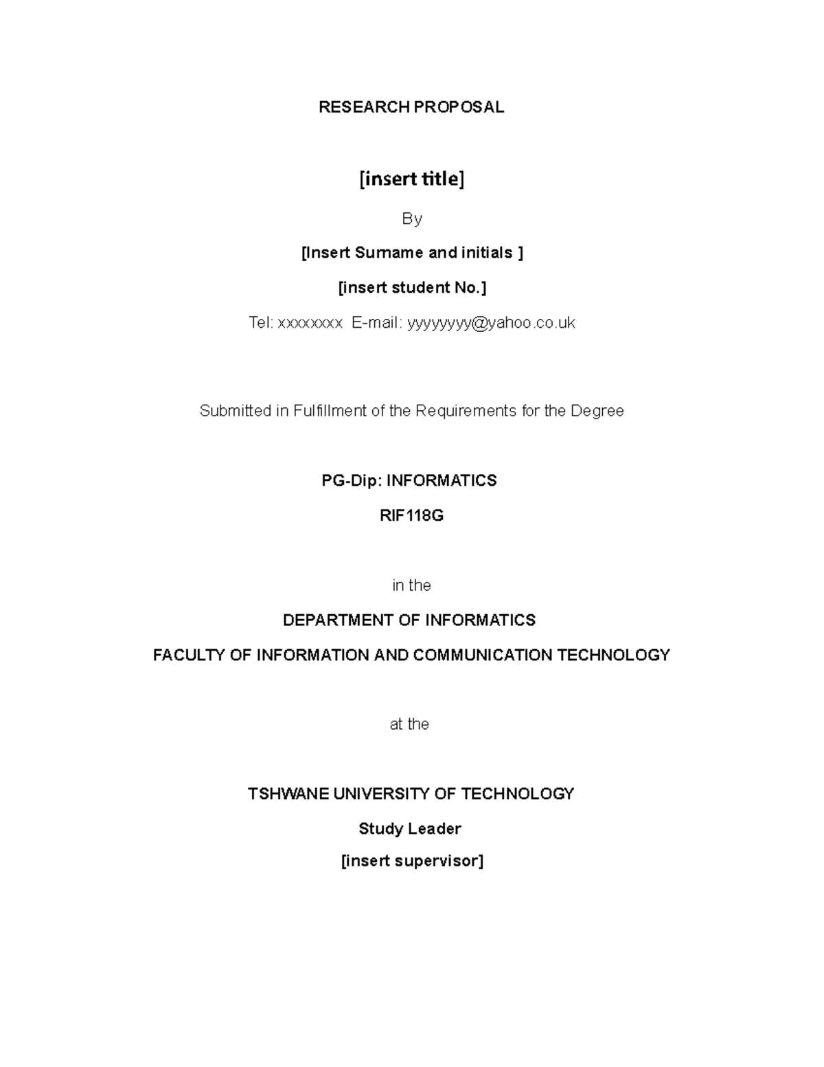 RIF118G Research Proposal Template for PG-Dip in Informatics - Studocu