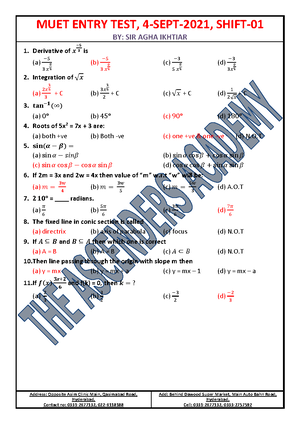 Past Paper For entry test - mth202 - Mehran University - Studocu