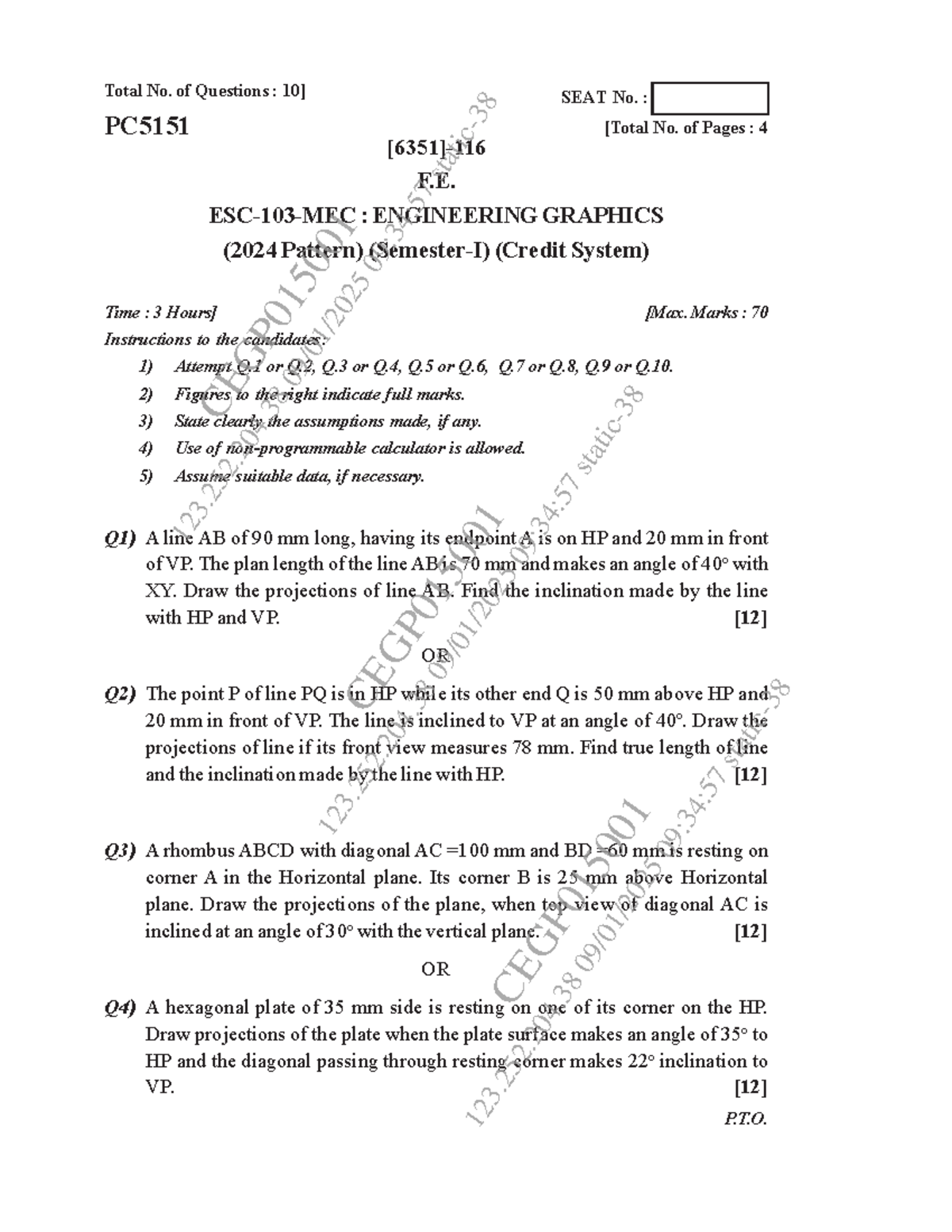 EG-103 Engineering Graphics End Sem Exam 2024-25: QP and Solutions ...