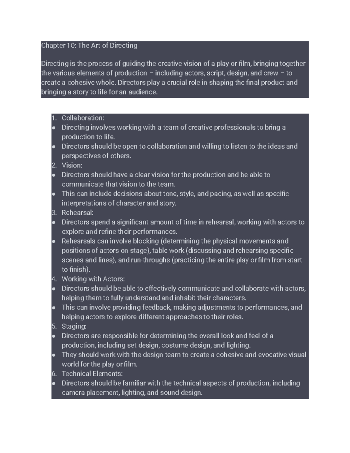 Dramatic Arts Chapter 10 Notes - Chapter 10: The Art of Directing ...