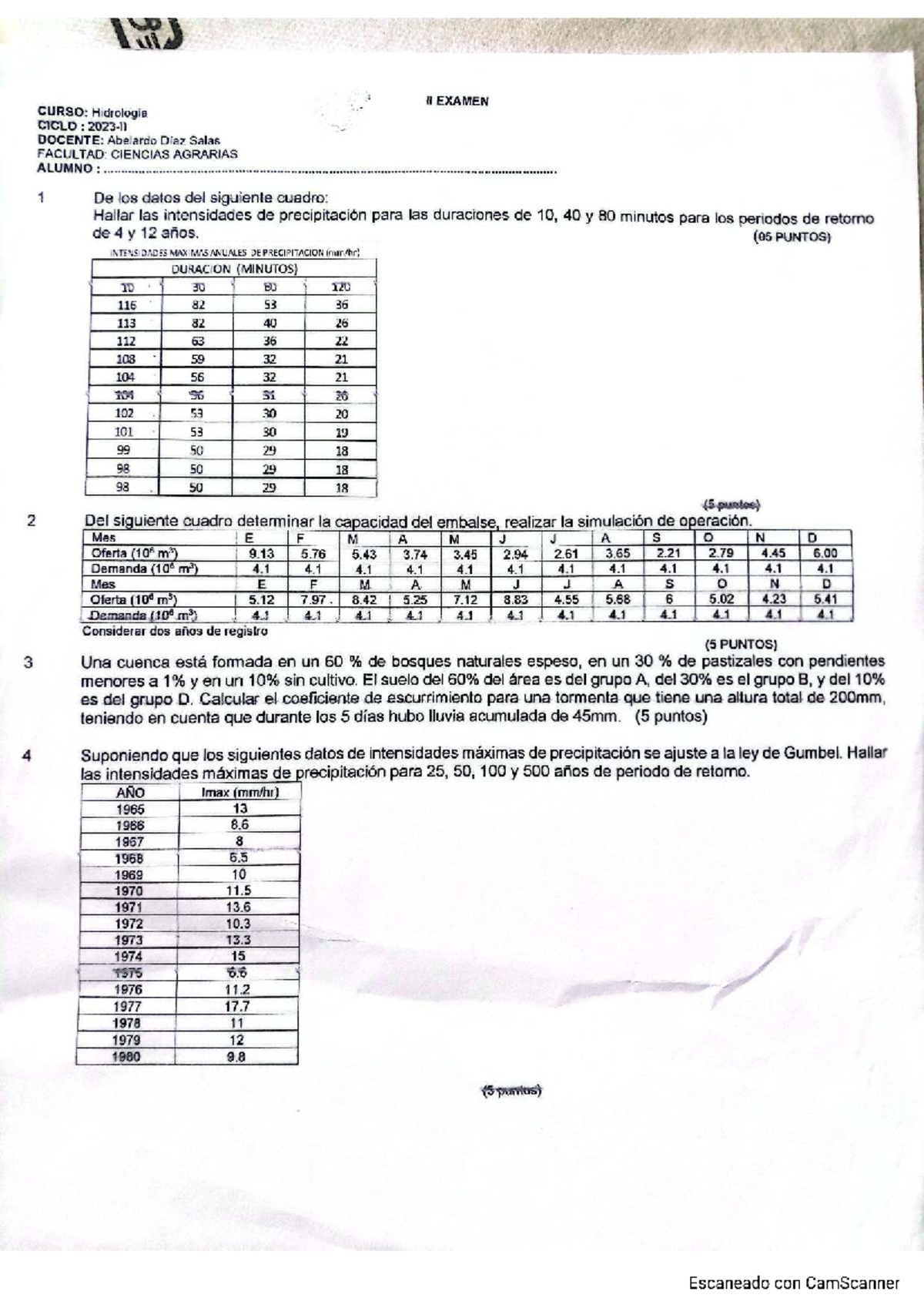 II EXAMEN HIDROLOGÍA: Intensidades de Precipitación y Simulación de Embalses - Document Preview