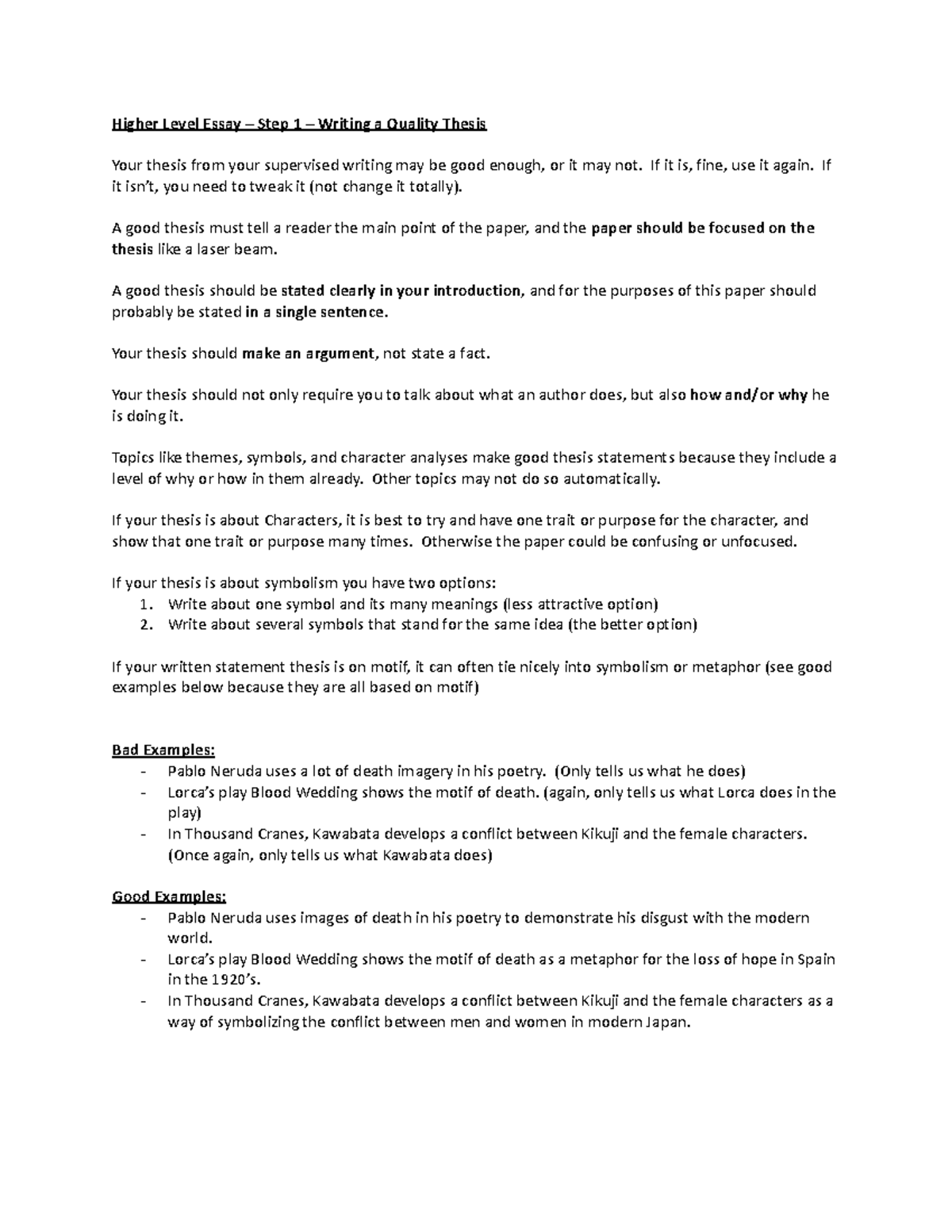 Higher Level Essay: Writing a Quality Thesis Statement - Studocu