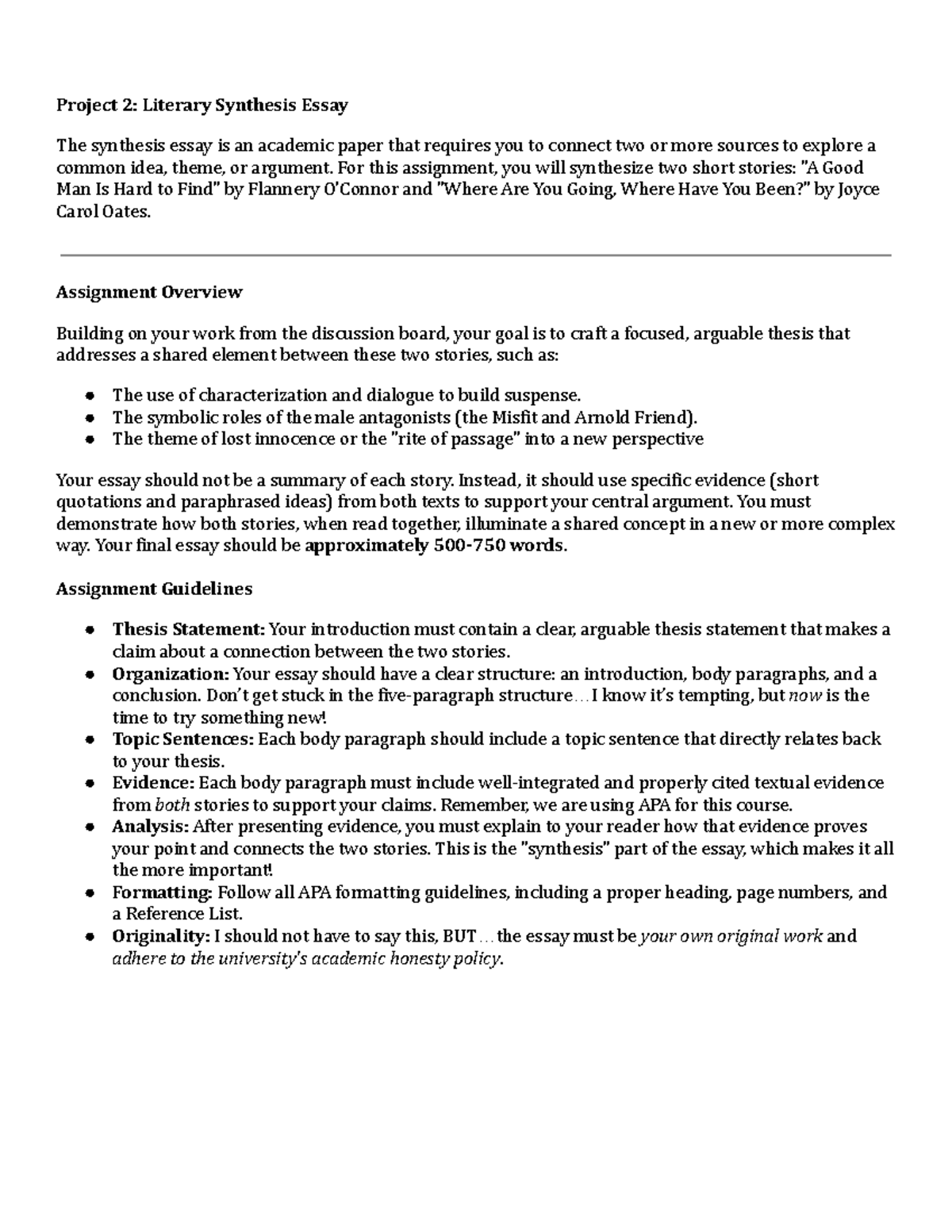 Project 2: Synthesis Essay on Flannery O'Connor & Joyce Carol Oates ...