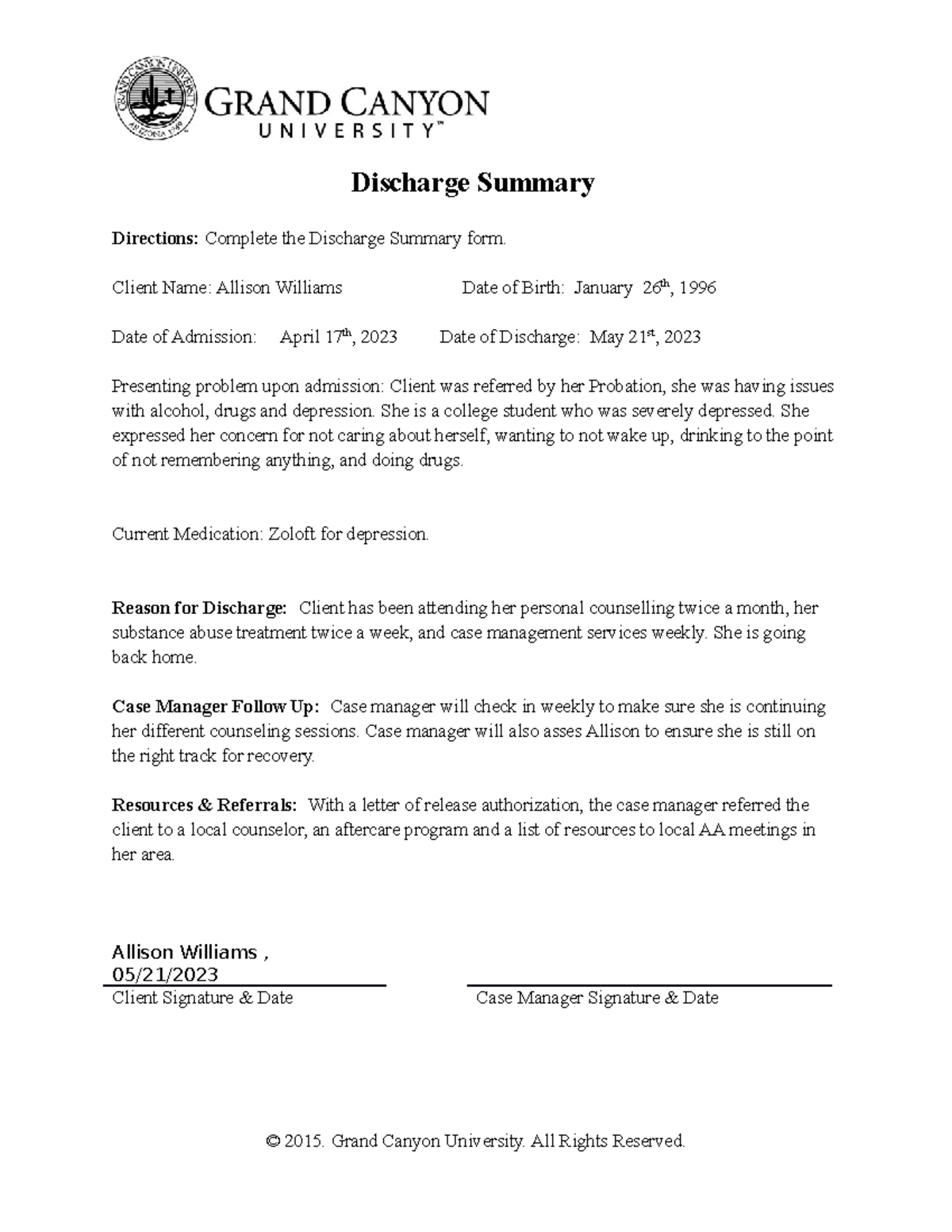 Discharge Summary for Client Allison Williams - GCU Form - Studocu