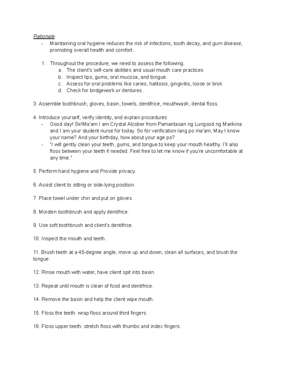Oral Care Procedure - Practice Guide for Nursing Students - Studocu