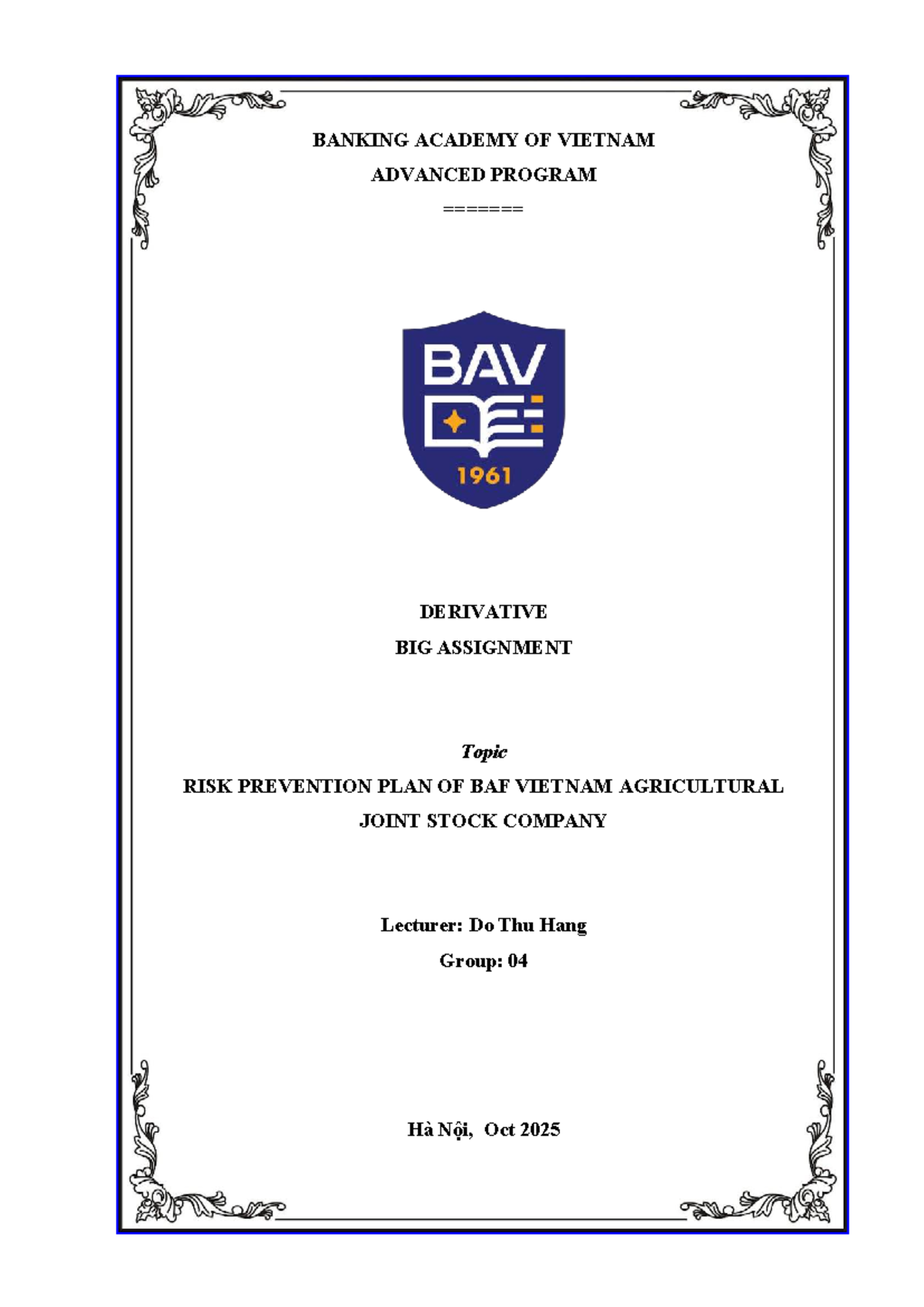 RISK PREVENTION PLAN FOR BAF VIETNAM AGRICULTURAL JOINT STOCK COMPANY ...