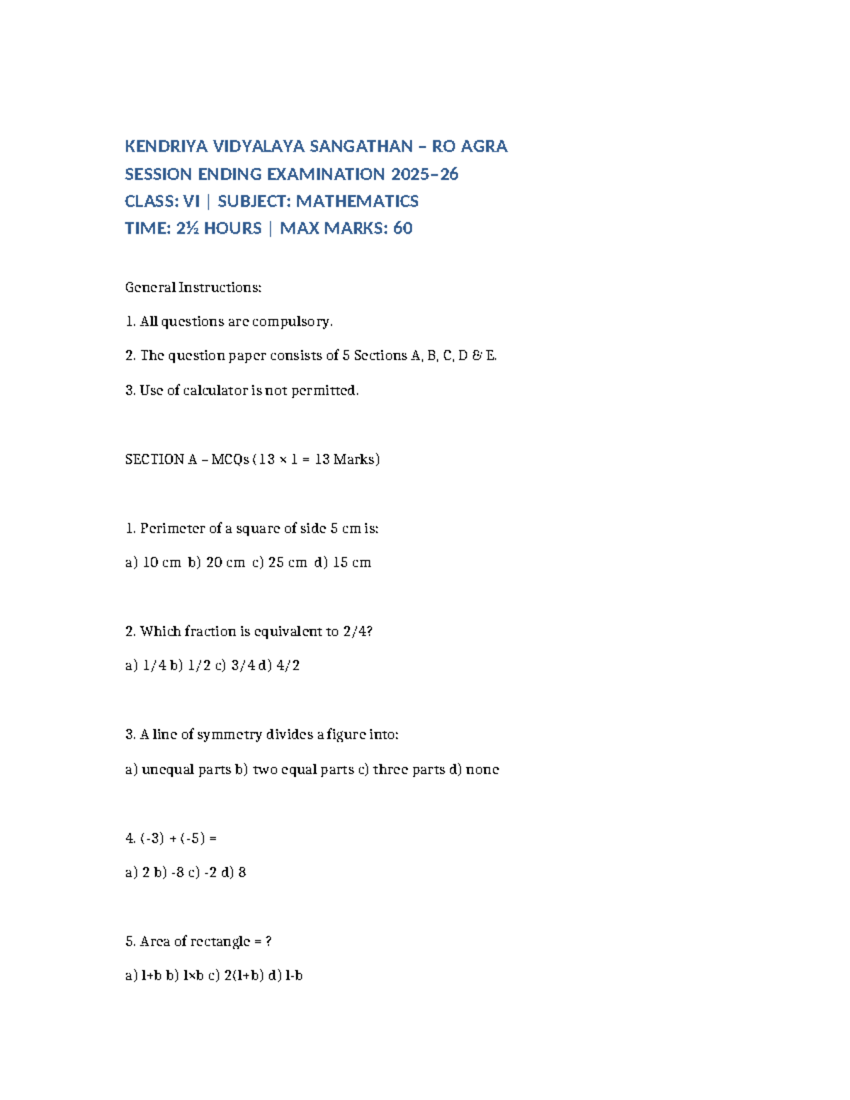 Class VI Mathematics Session Ending Exam Question Paper - Studocu