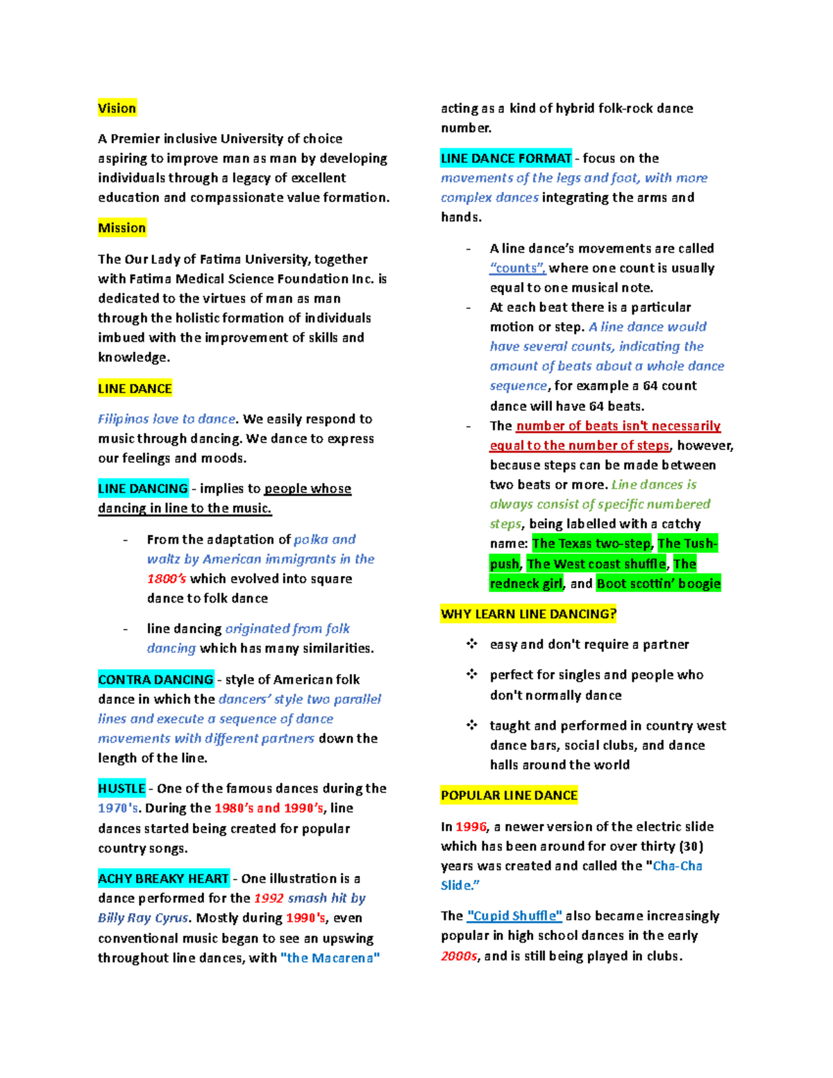 PE Notes - Dance Terminologies - Vision A Premier inclusive University ...