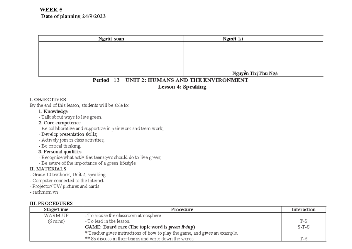 Week 5 - Unit 2: Humans and the Environment Lesson Plan - Studocu