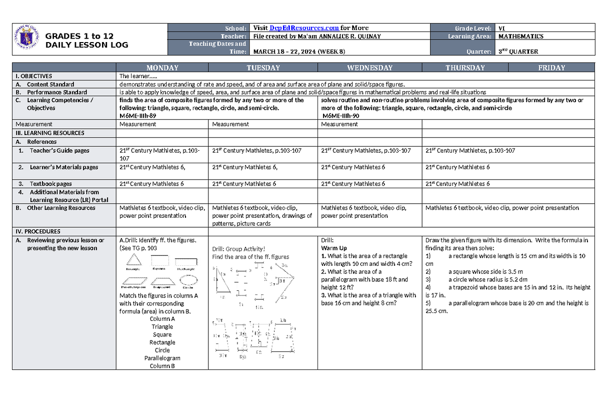 DLL Mathematics 6 Q3 W8 - For guide only, best for teacher's used ...