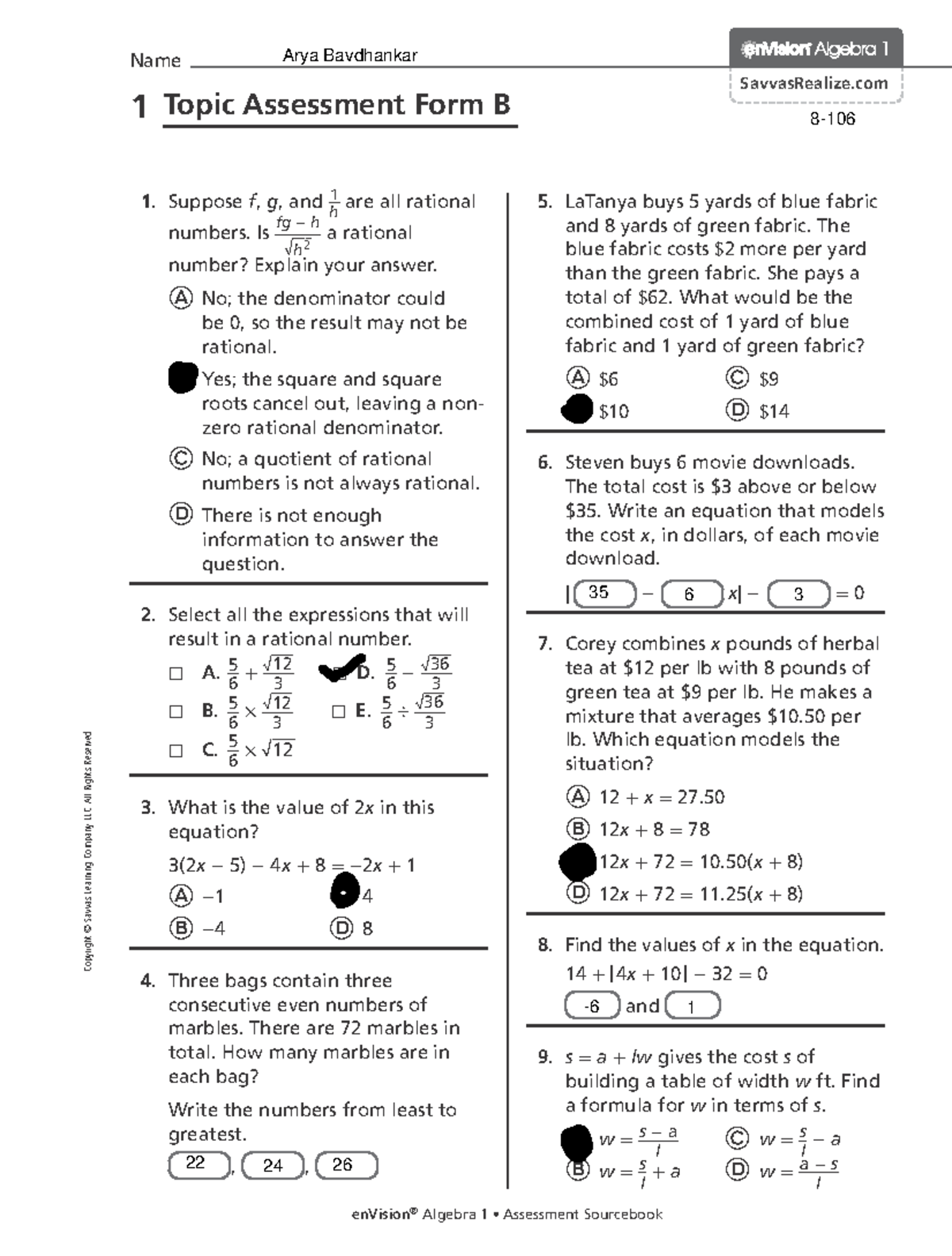Printable Topic 1 Assessment Form B - Name SavvasRealize 1 Topic ...