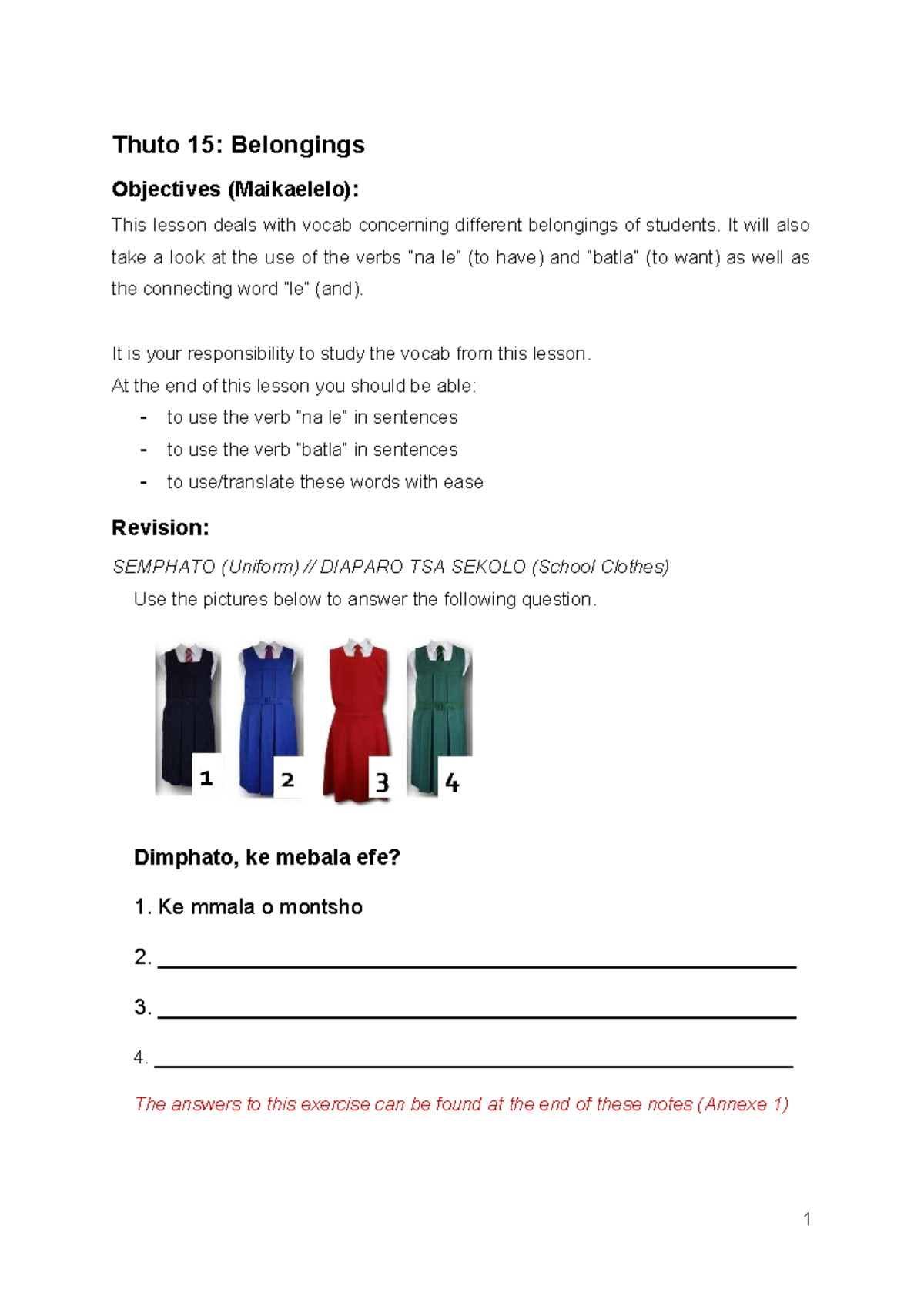 Thuto 15: Belongings Vocabulary & Verbs Lesson Notes - Studocu