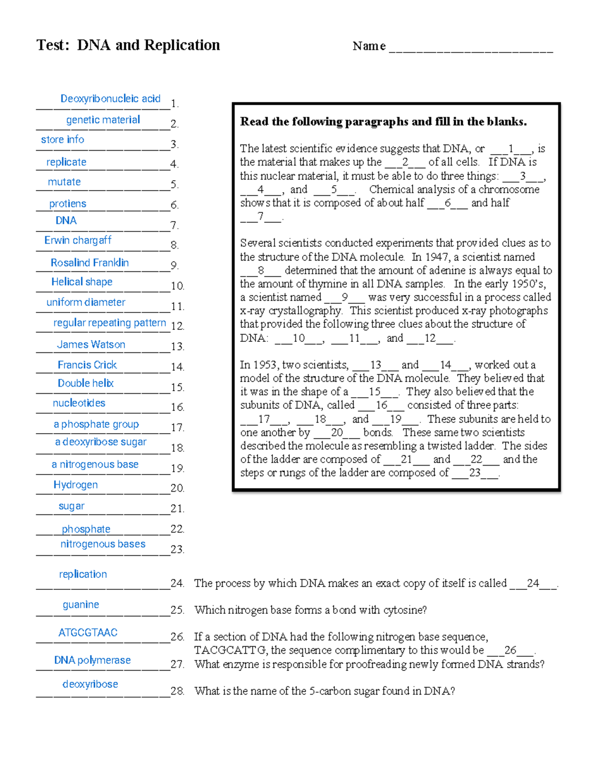 DNA and Replication Test: Key Concepts and Processes - Studocu