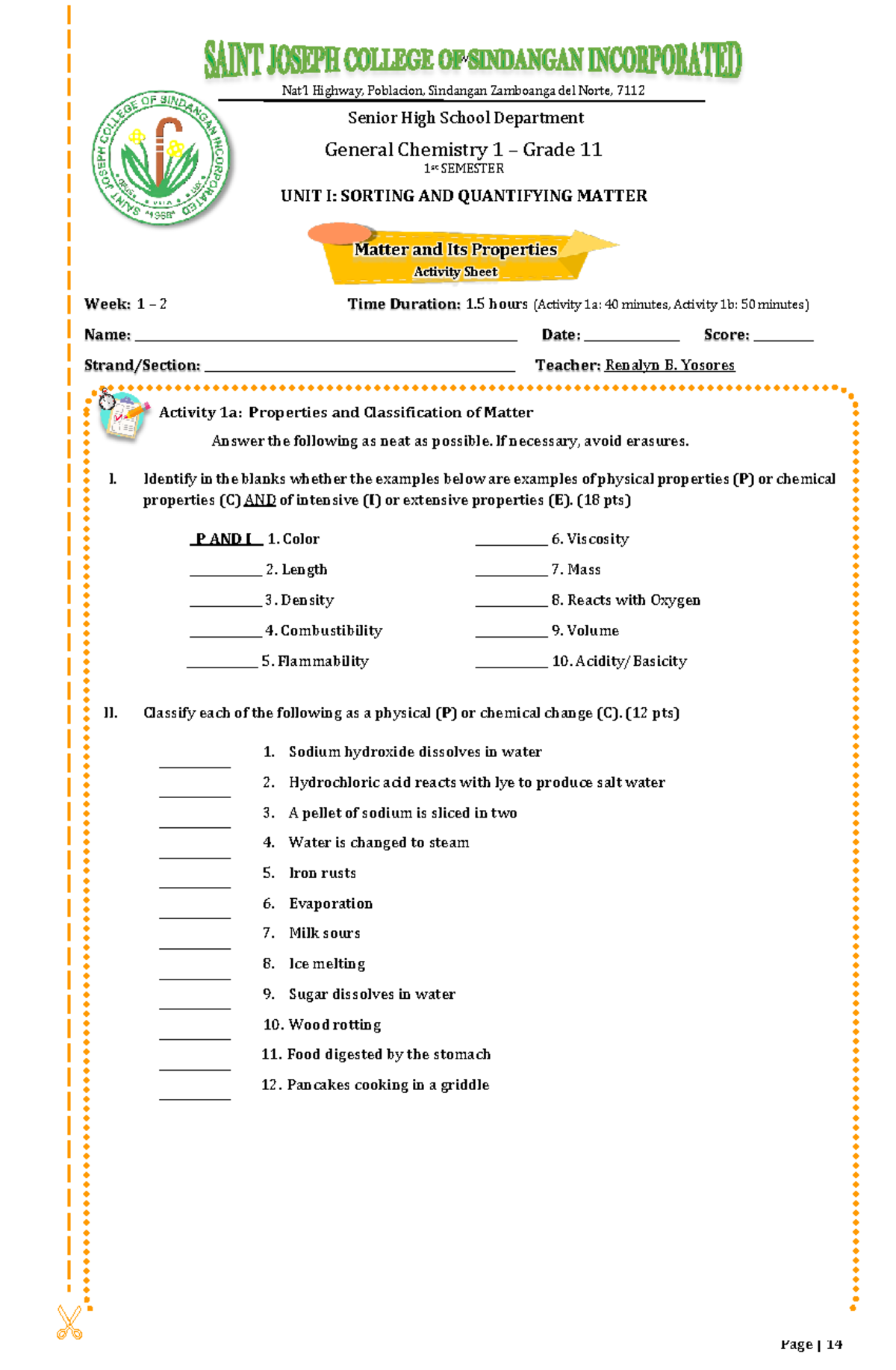 03 General Chemistry 1: Matter & Its Properties Activity Sheet - Studocu