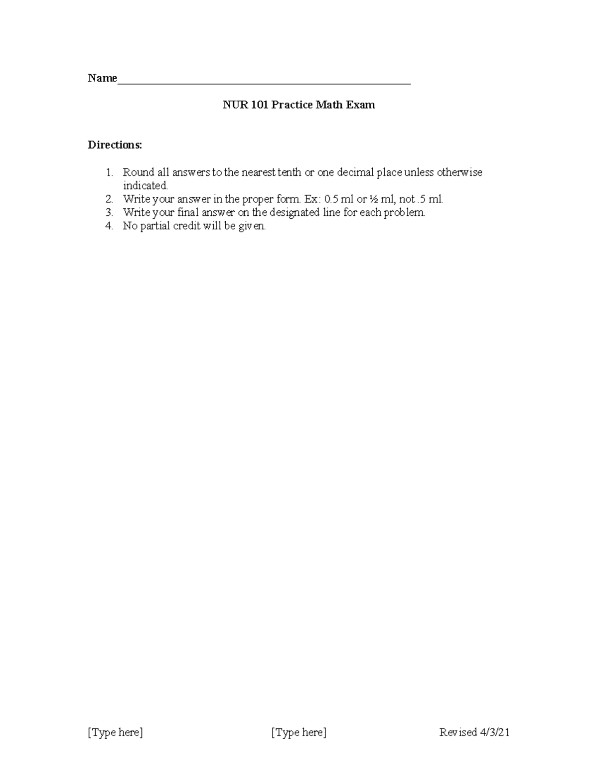 NUR 101 Practice Math Exam with Answer Key and Guidelines - Studocu