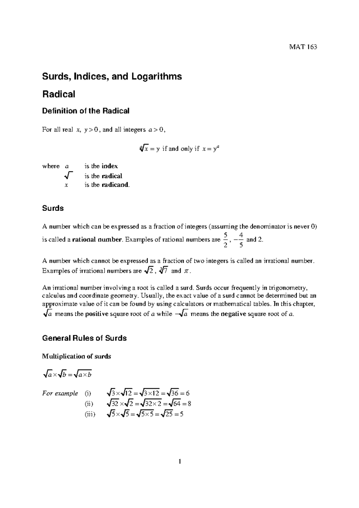 MAT 163 Surds, Indices, and Logarithms Study Notes - Studocu