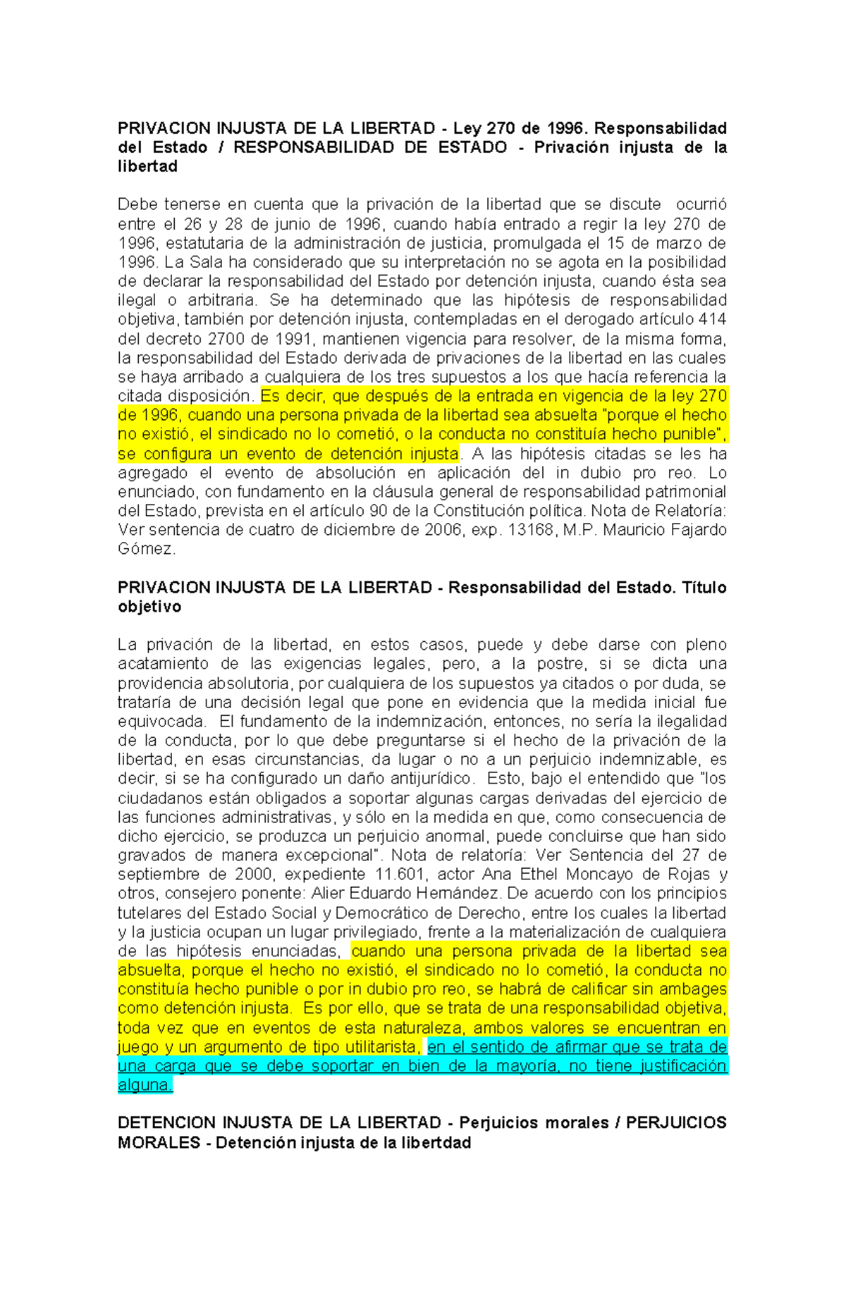 Sentencia sobre Privación Injusta de la Libertad - Ley 270 de 1996 ...