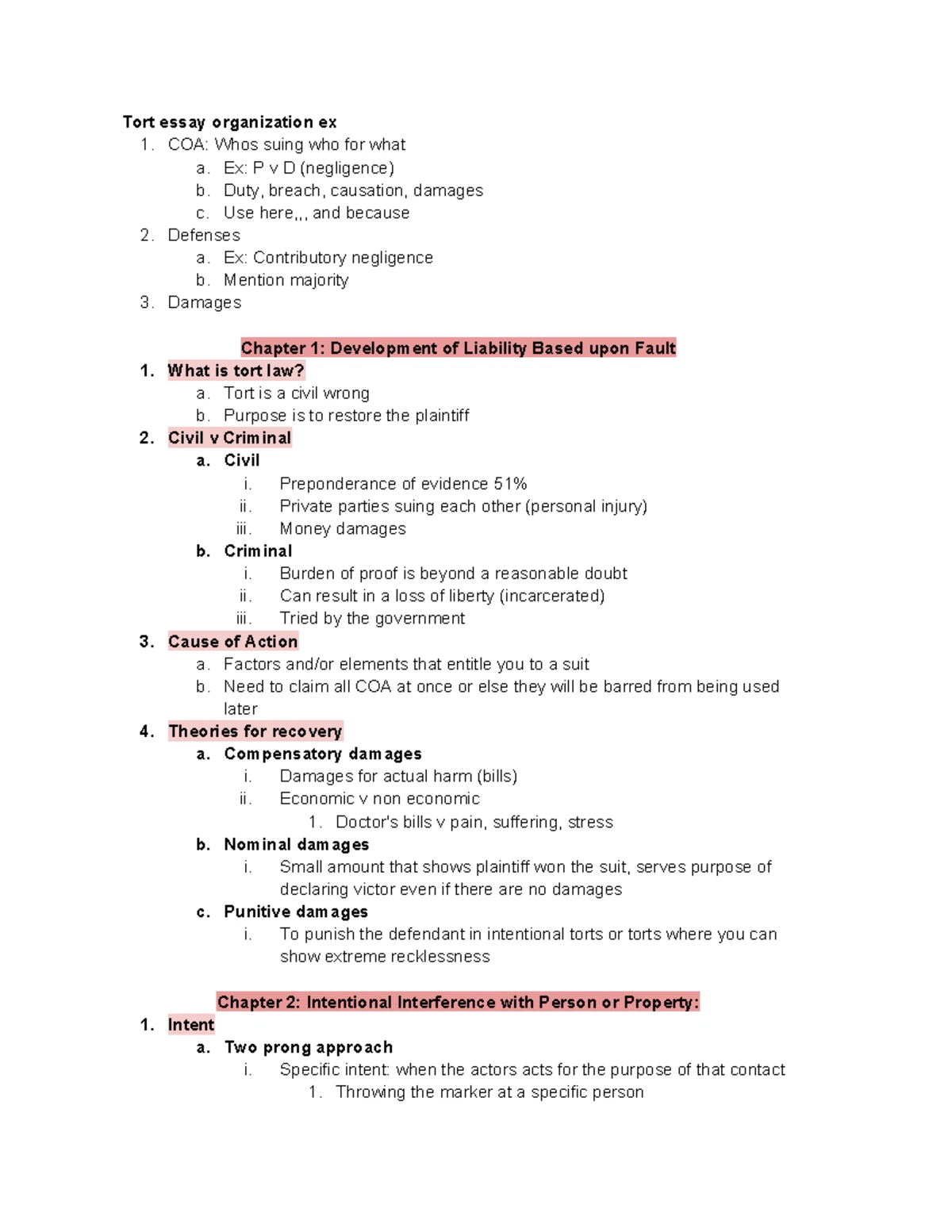 Torts Outline: Intentional Torts and Negligence Concepts (HNYLKA) - Studocu