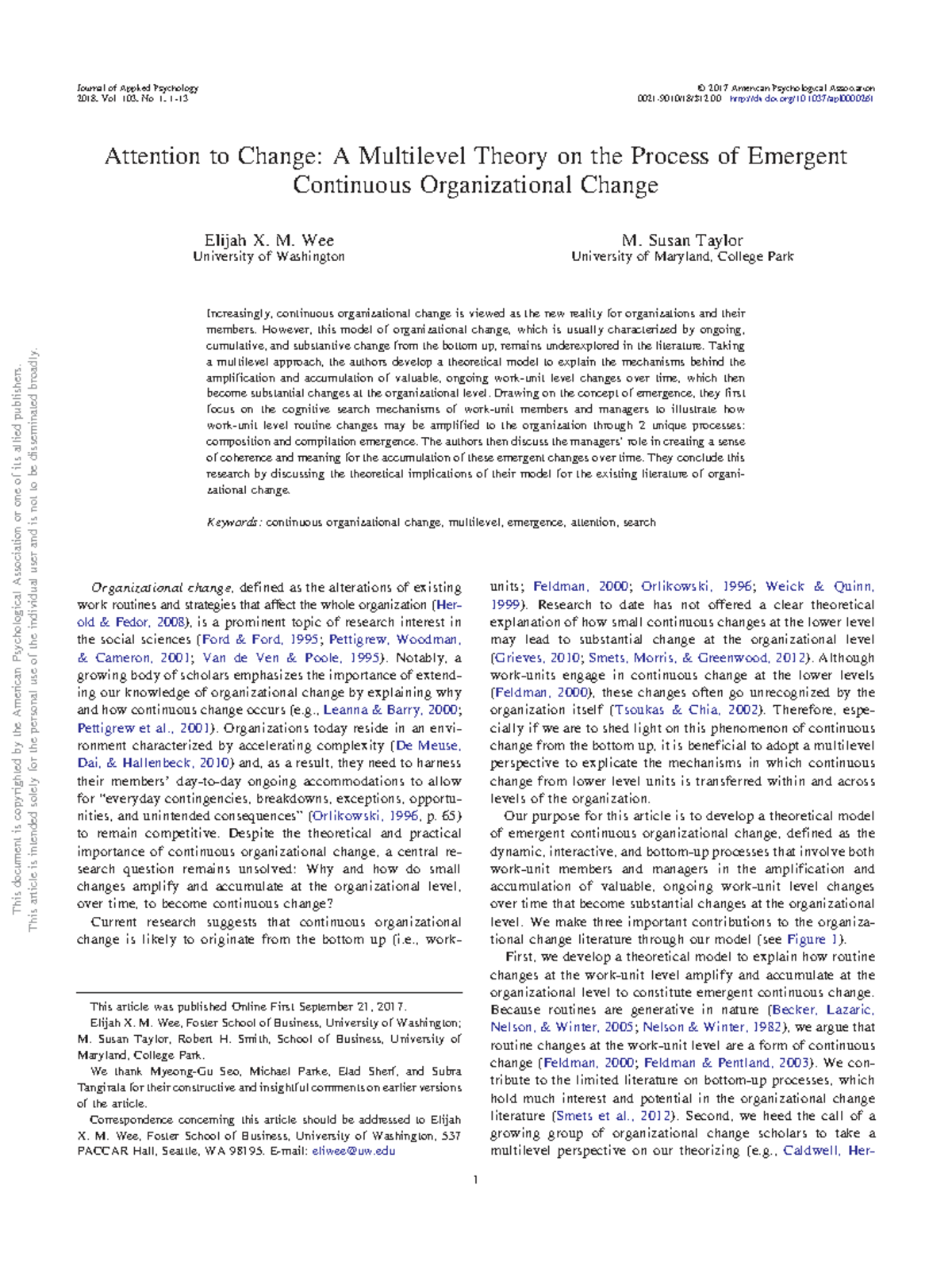 Emergent Continuous Organizational Change: A Multilevel Perspective ...