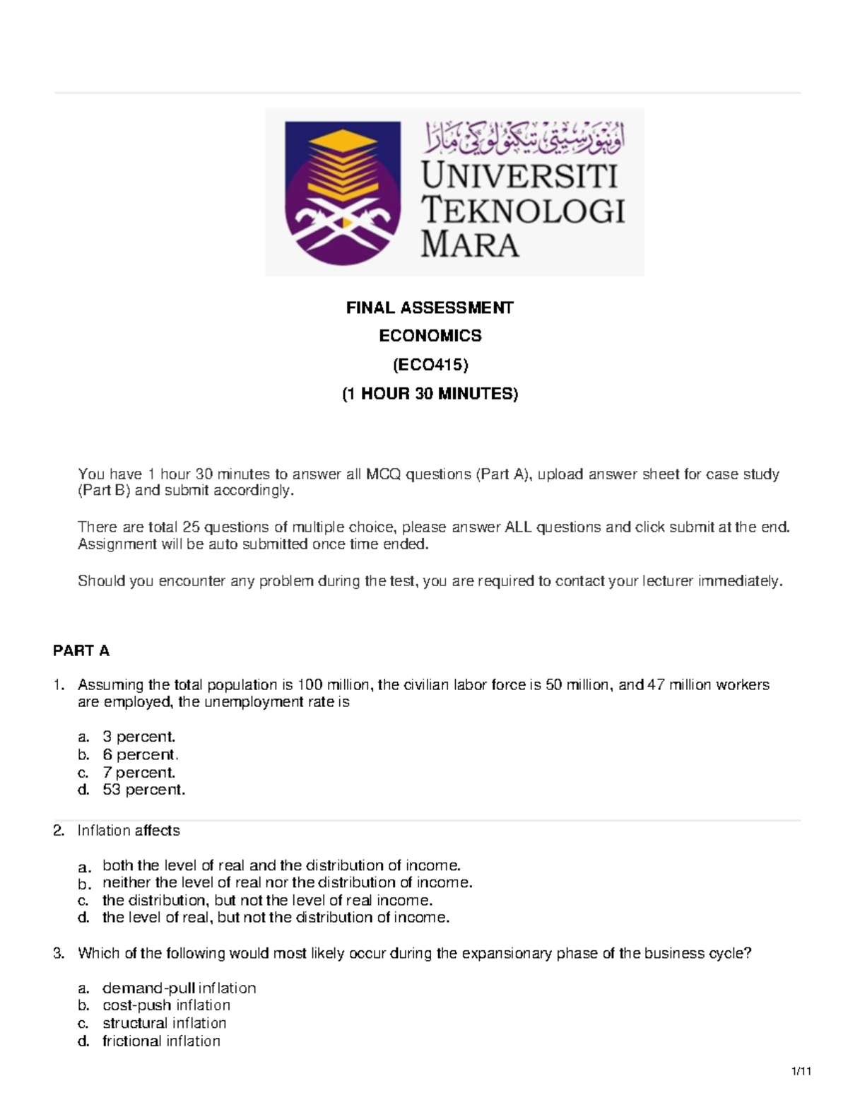 ECO415 Final Assessment: Economics MCQs & Case Study Guide - Studocu