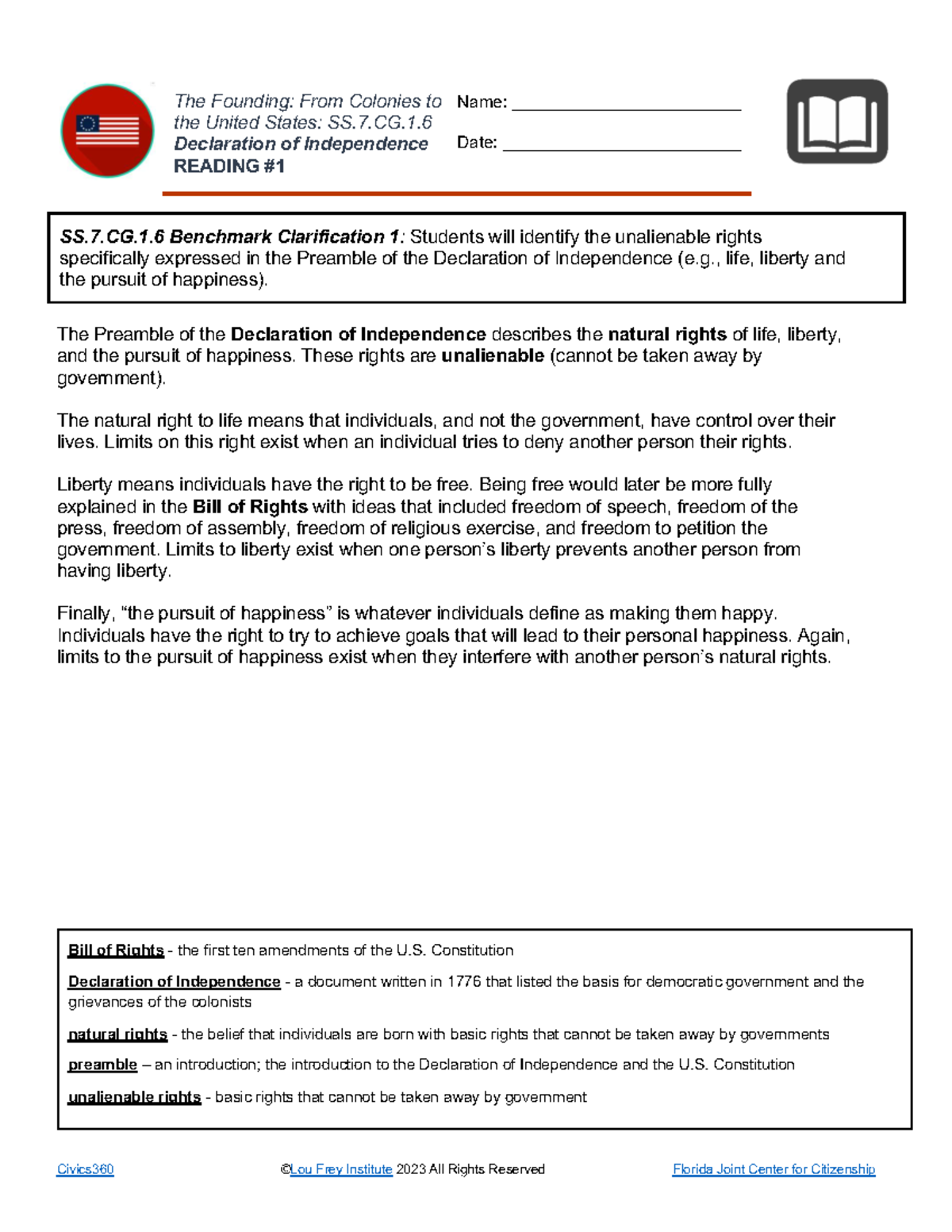 Unalienable Rights in the Declaration of Independence: SS.7.CG.1.6 ...