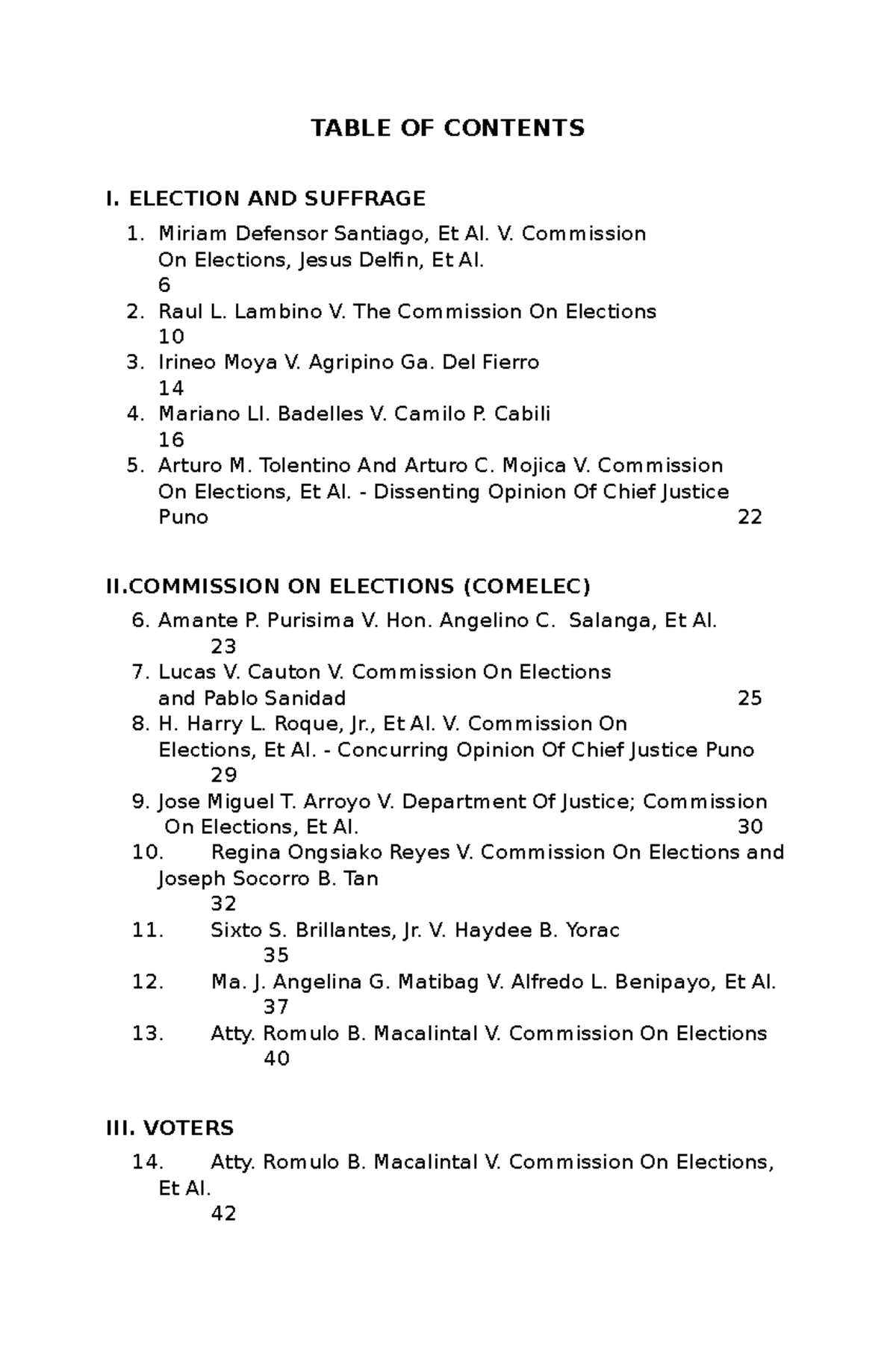 TOC for Election Law Cases - Final Exam Notes - Studocu