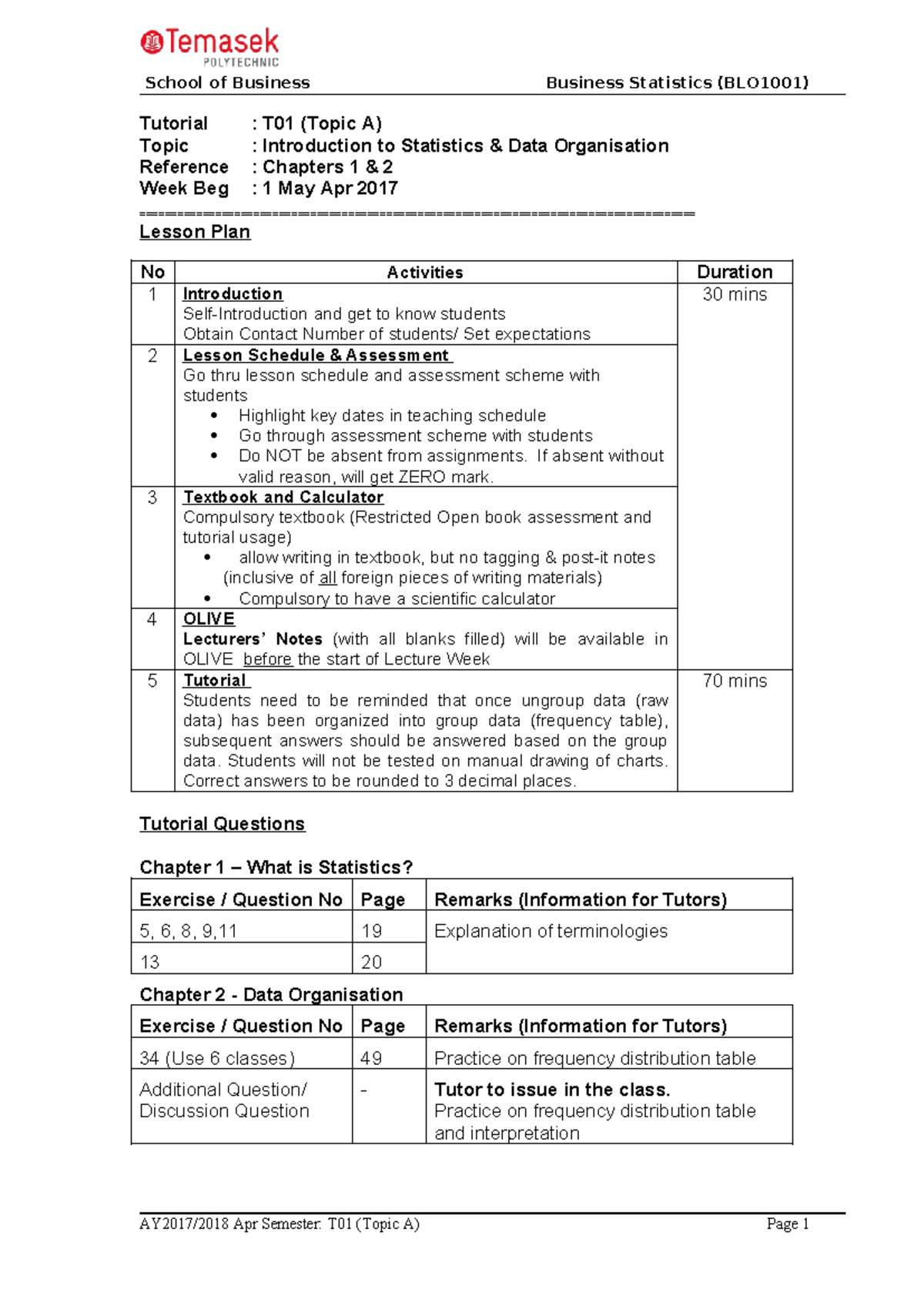 BLO1001 T01 - Intro to Statistics & Data Organisation Tutorial Qs - Studocu