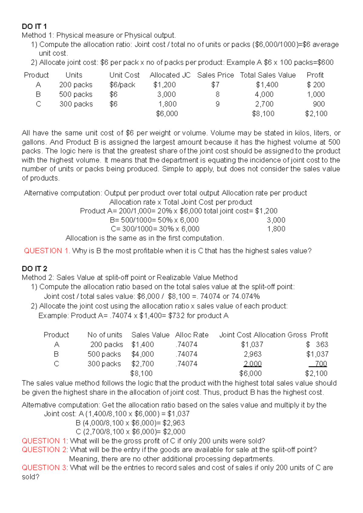 O IT D: Joint Cost Allocation Methods and Profit Analysis - Studocu