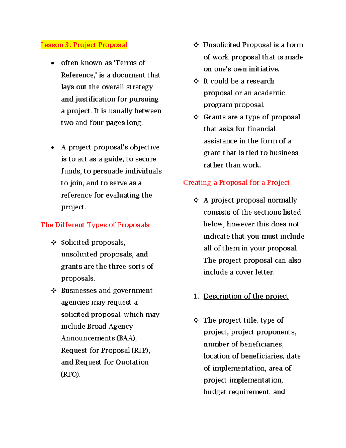 Lesson 3: Comprehensive Notes on Project Proposal Development - Studocu