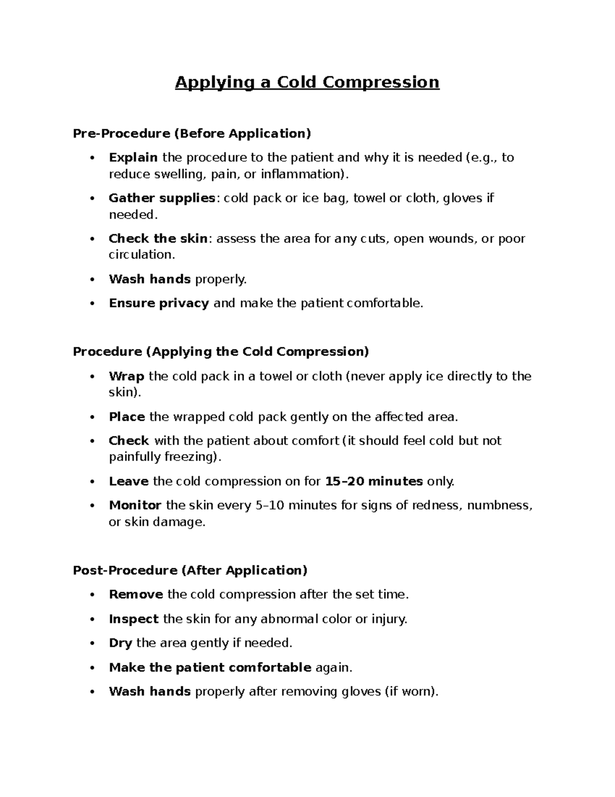 Applying a Cold Compression: Procedure & Patient Care Guidelines - Studocu