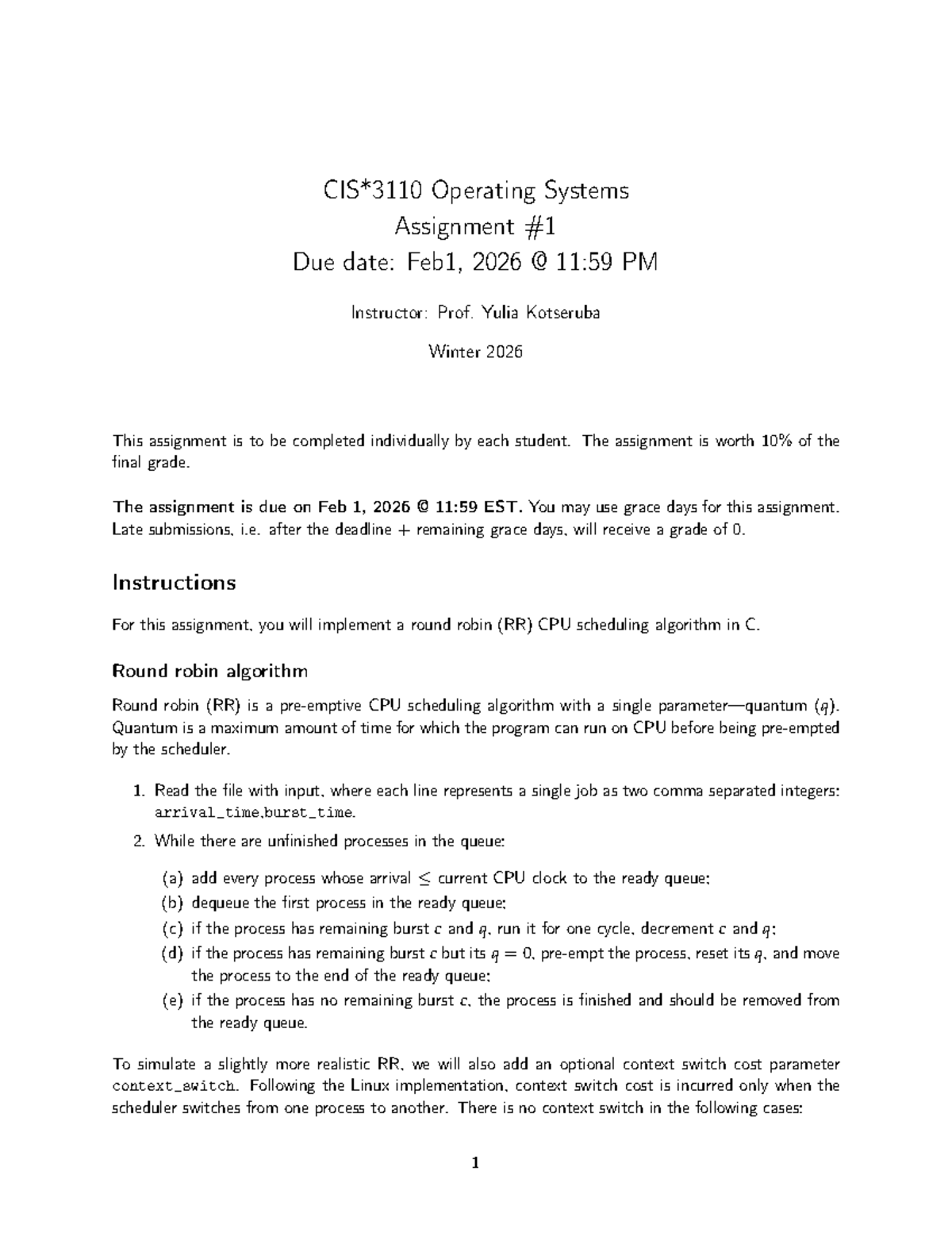 Operating Systems A1: Round Robin Scheduling Assignment Guide - Studocu