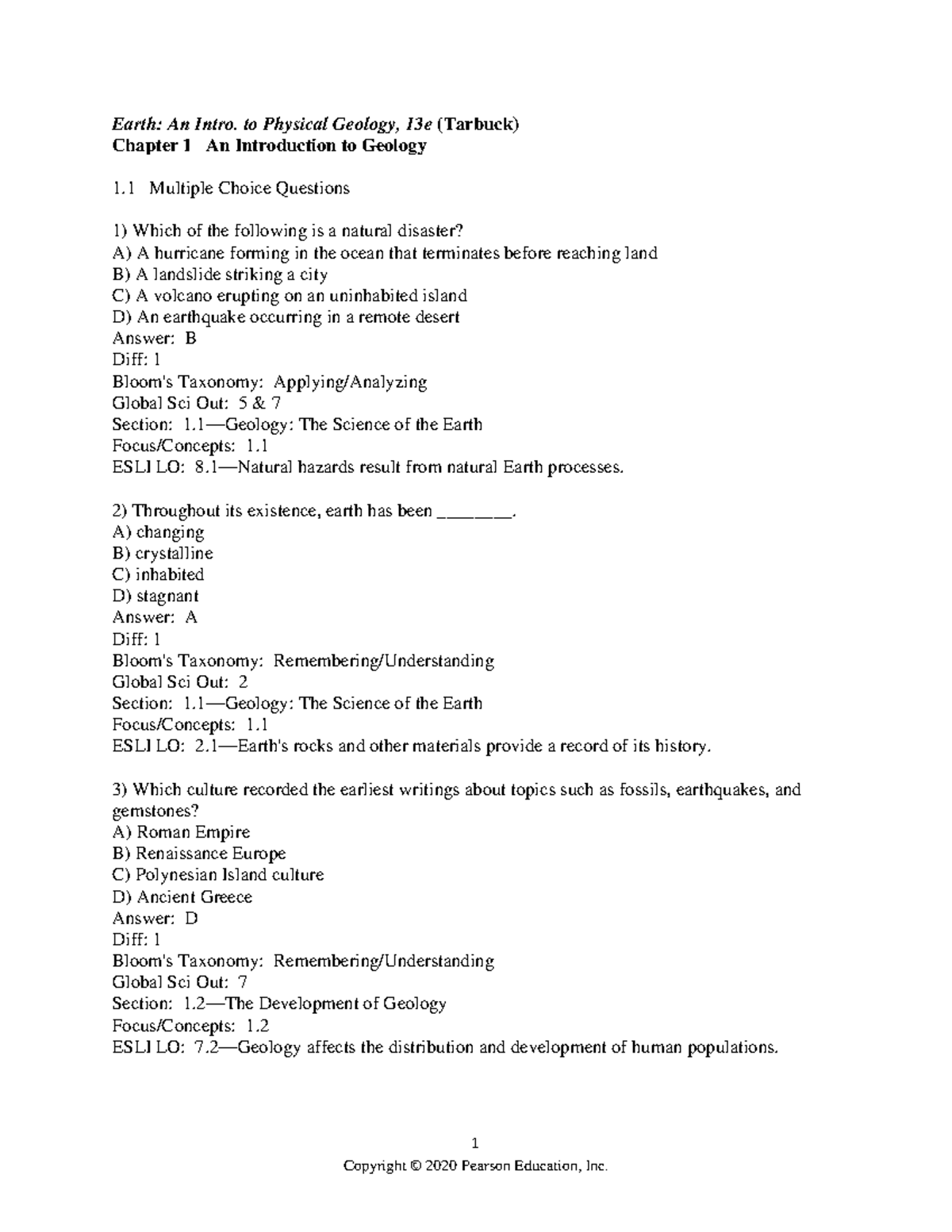 Chapter 1 Test Bank: Geology Basics (Earth Science Course - GEOL 101 ...