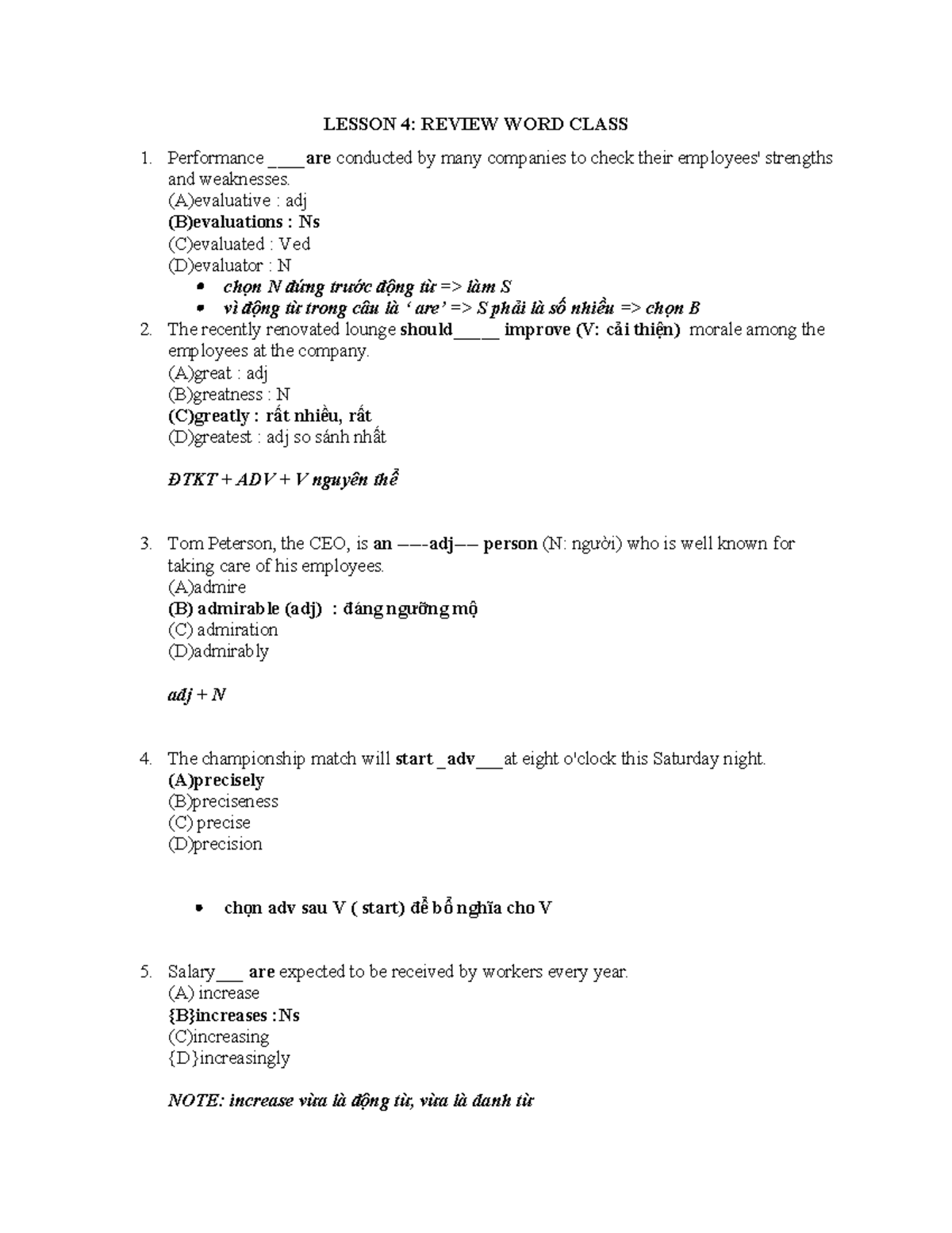 LESSON 4: REVIEW ON WORD CLASS (N, V, ADV, ADJ) - Studocu