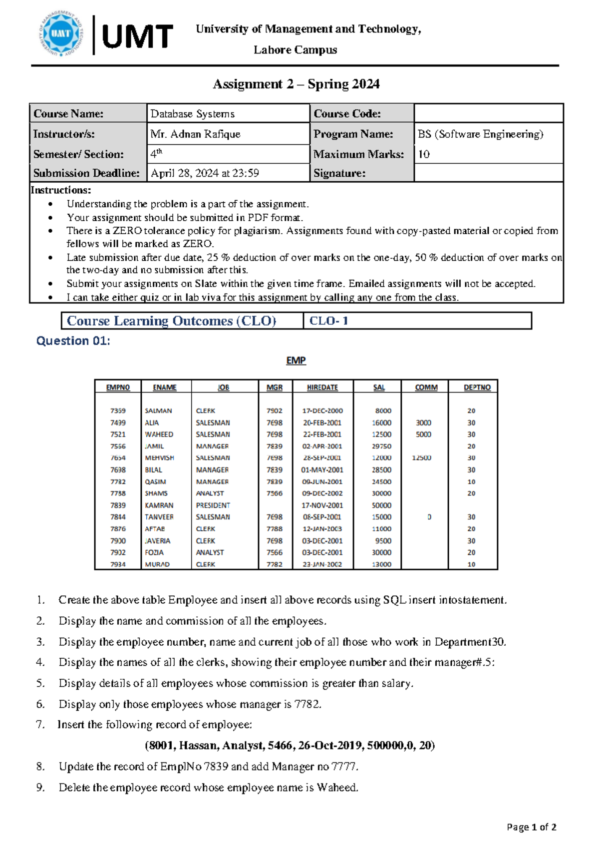 Database Systems Assignment 2 (BS Software Engineering - Spring 2024 ...