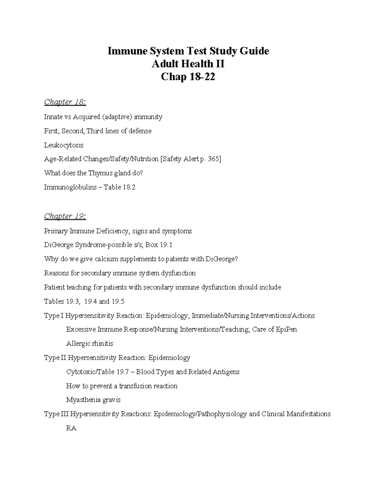 Study Guide: Immune System Overview (Adult Health II) Chapters 18-22 ...