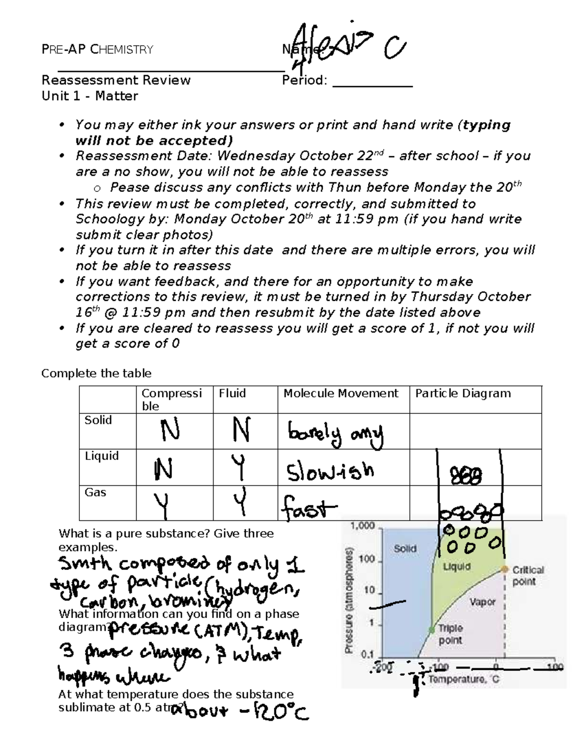 CHEM 101 - Unit 1 Matter Reassessment Review Answer Key - Studocu