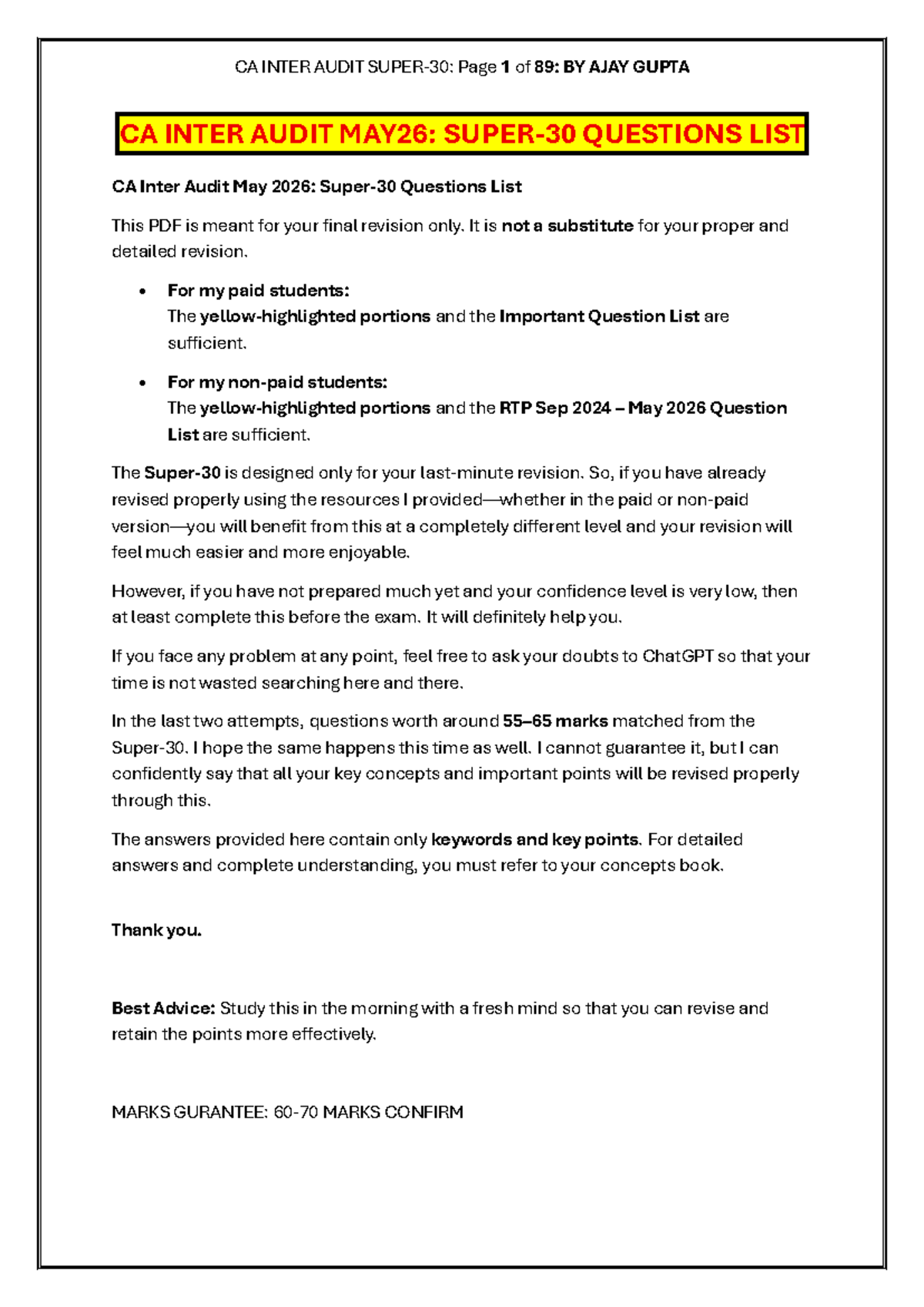 CA INTER AUDIT MAY 2026: Super 30 Revision Questions List - Studocu