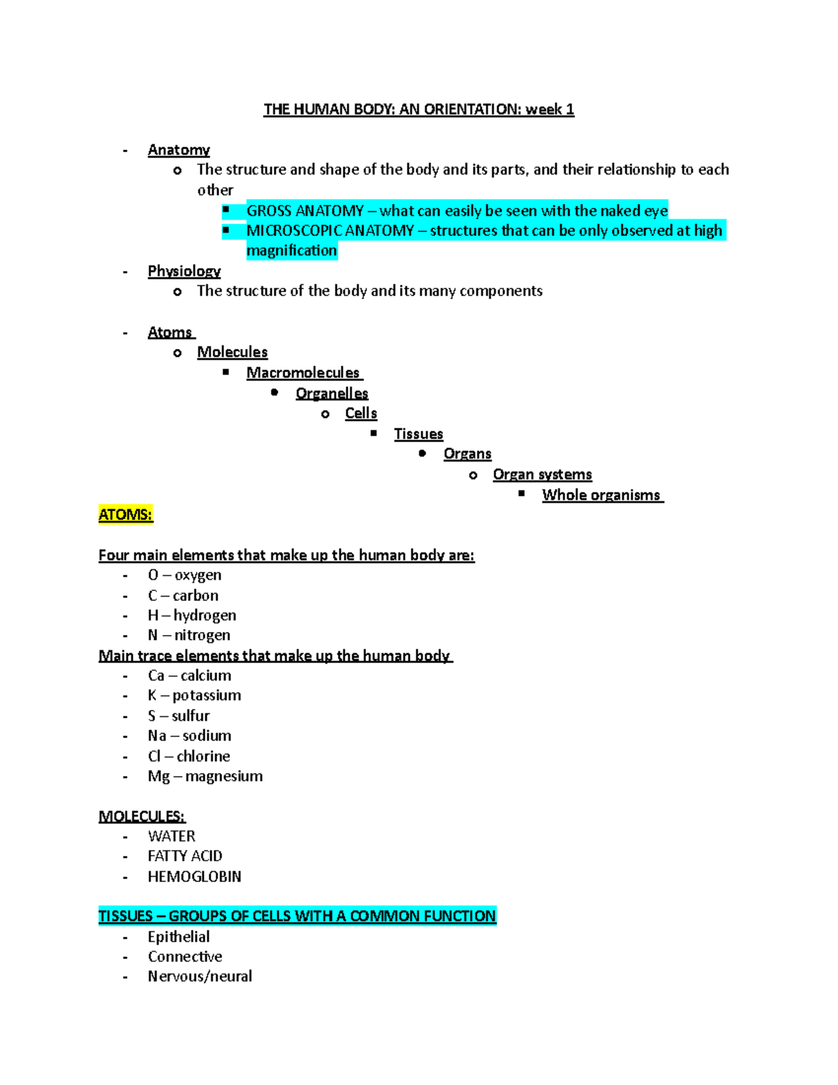 Hap - Lecture notes 2 - THE HUMAN BODY: AN ORIENTATION: week 1 Anatomy ...