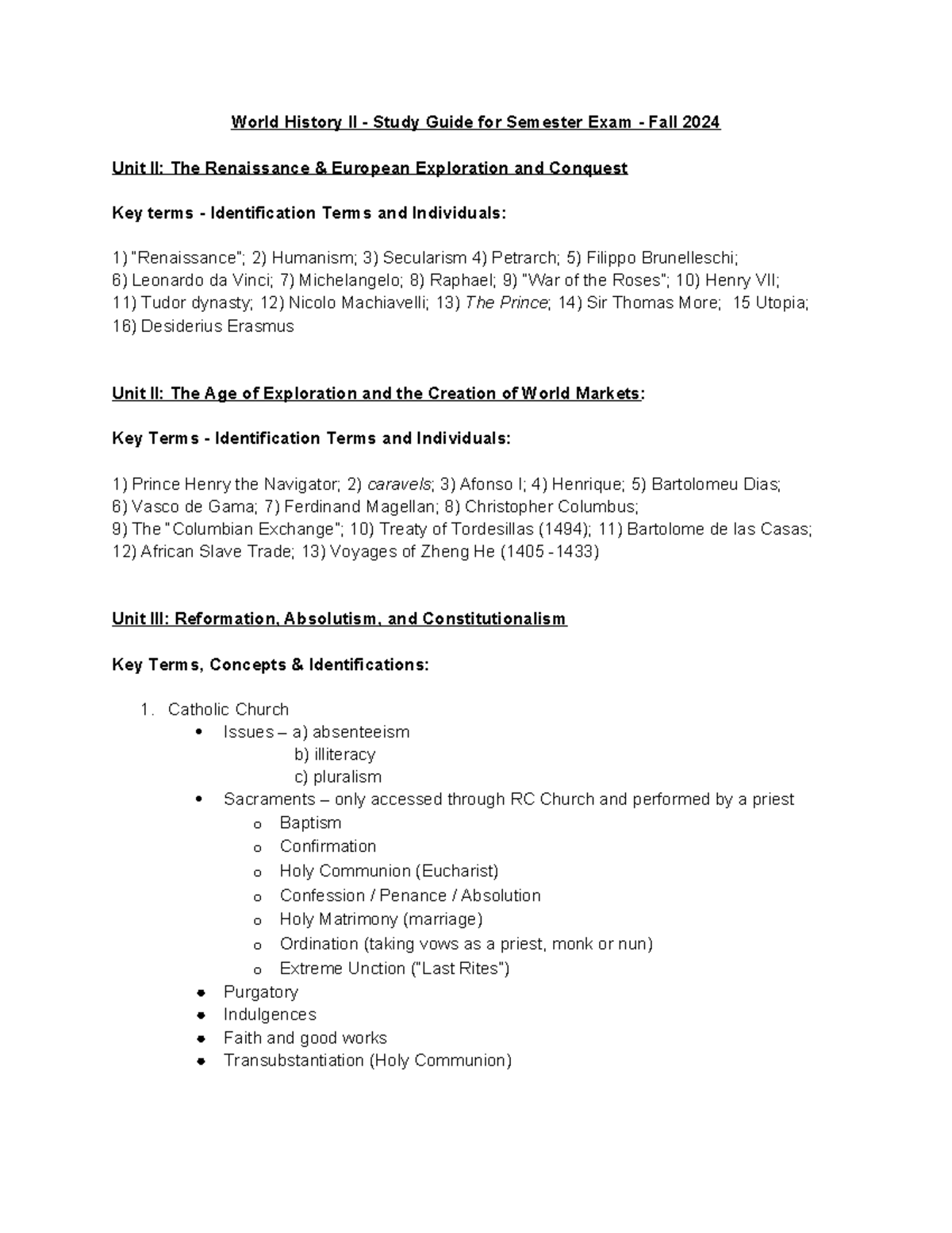 Study Guide Fall Sem Ex World History II 2k24-25 final copy - World ...