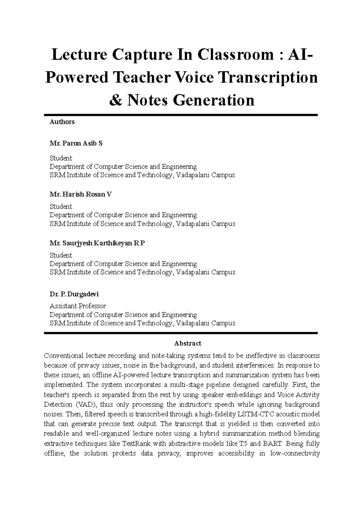 Lecture Capture in Classroom: AI-Powered Transcription Notes (CSE ...
