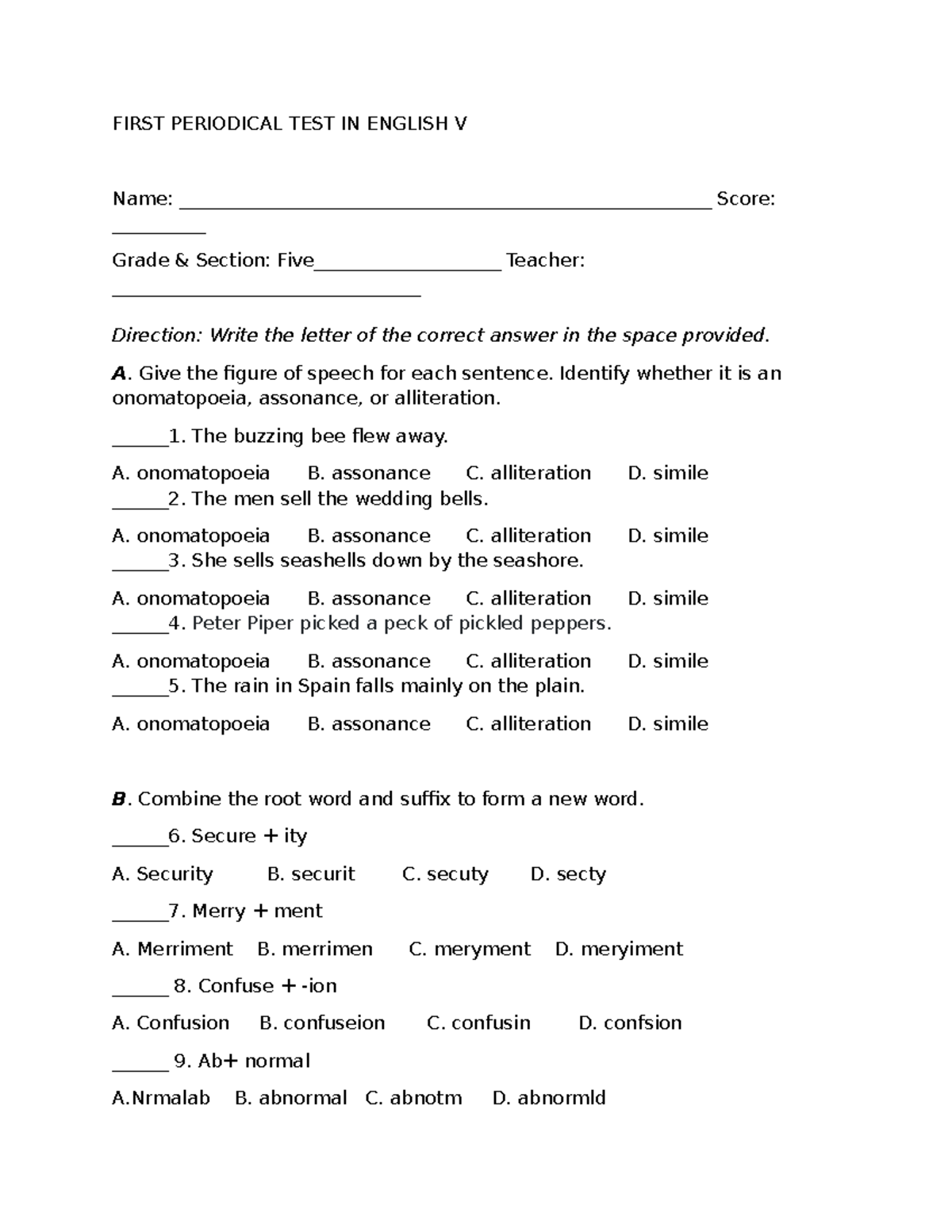 First Periodical Test in English V - Review and Sample Questions - Studocu