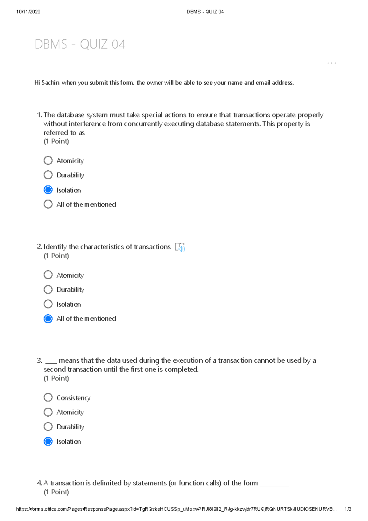 DBMS - QUIZ 04 - this is a quiz of dbms - 10/11/2020 DBMS - QUIZ 04 ...