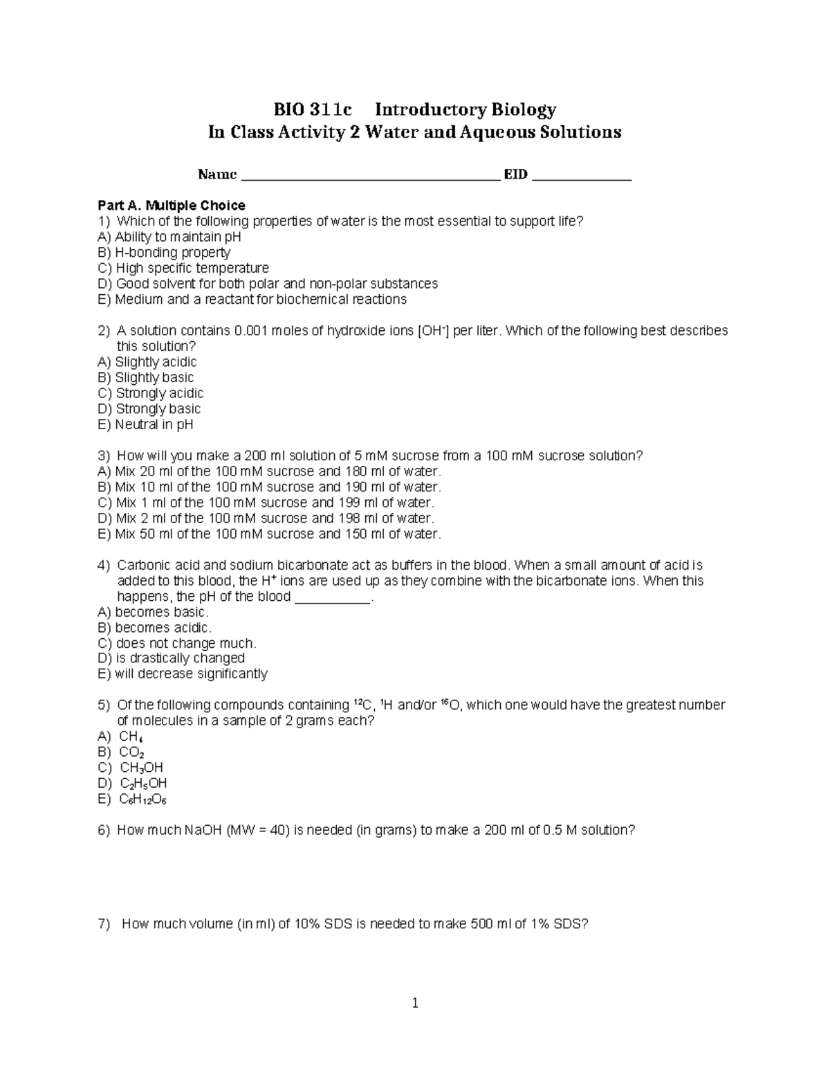 BIO 311c In-Class Activity 2: Water & Aqueous Solutions - Studocu